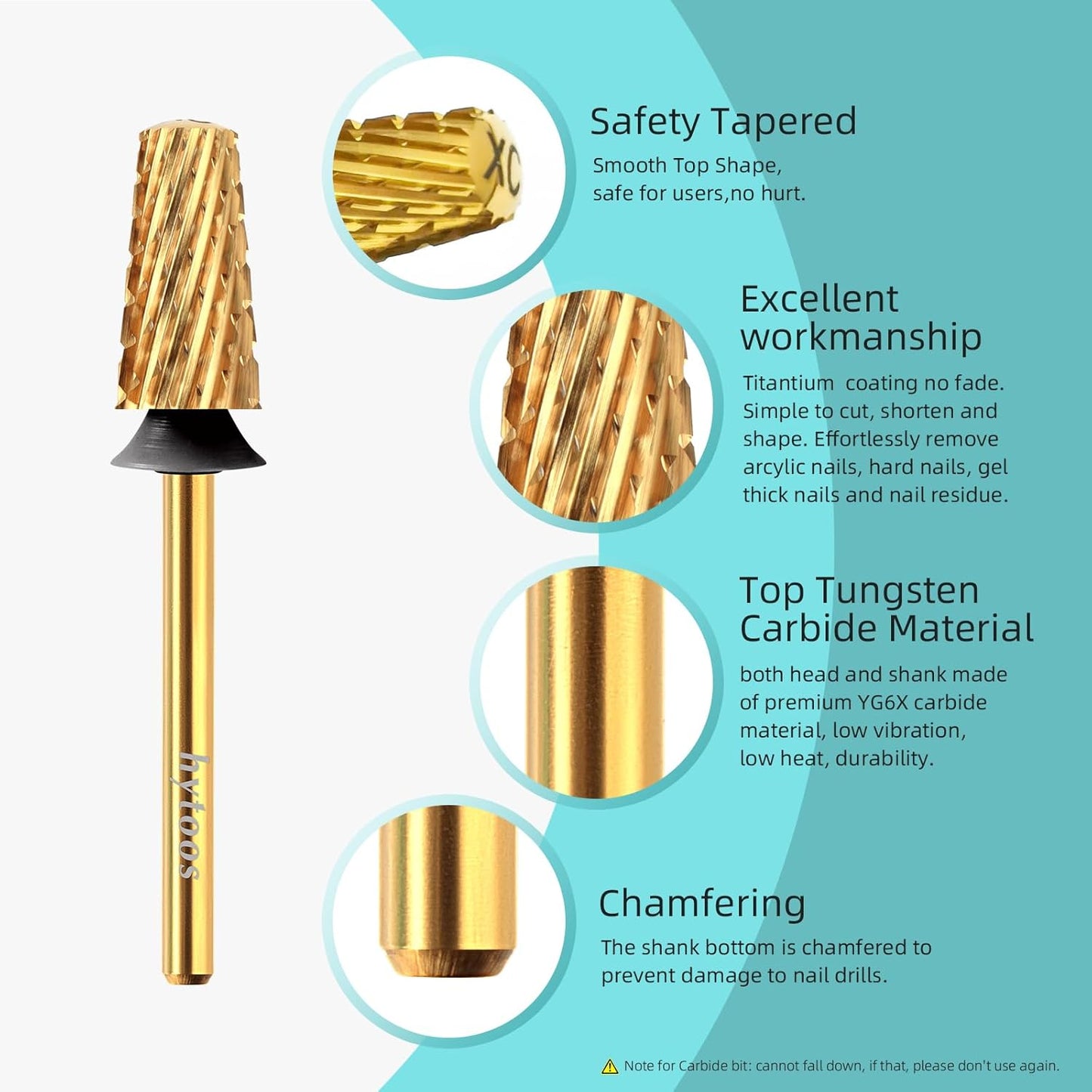 Safety Carbide Tapered Nail Drill Bits,Titanium Coating Round Top 3/32 Manicure Bit, Two-way Rotate for Both Hand, Nails Accessories Thick Gel Remover Tool (XC, titanium)