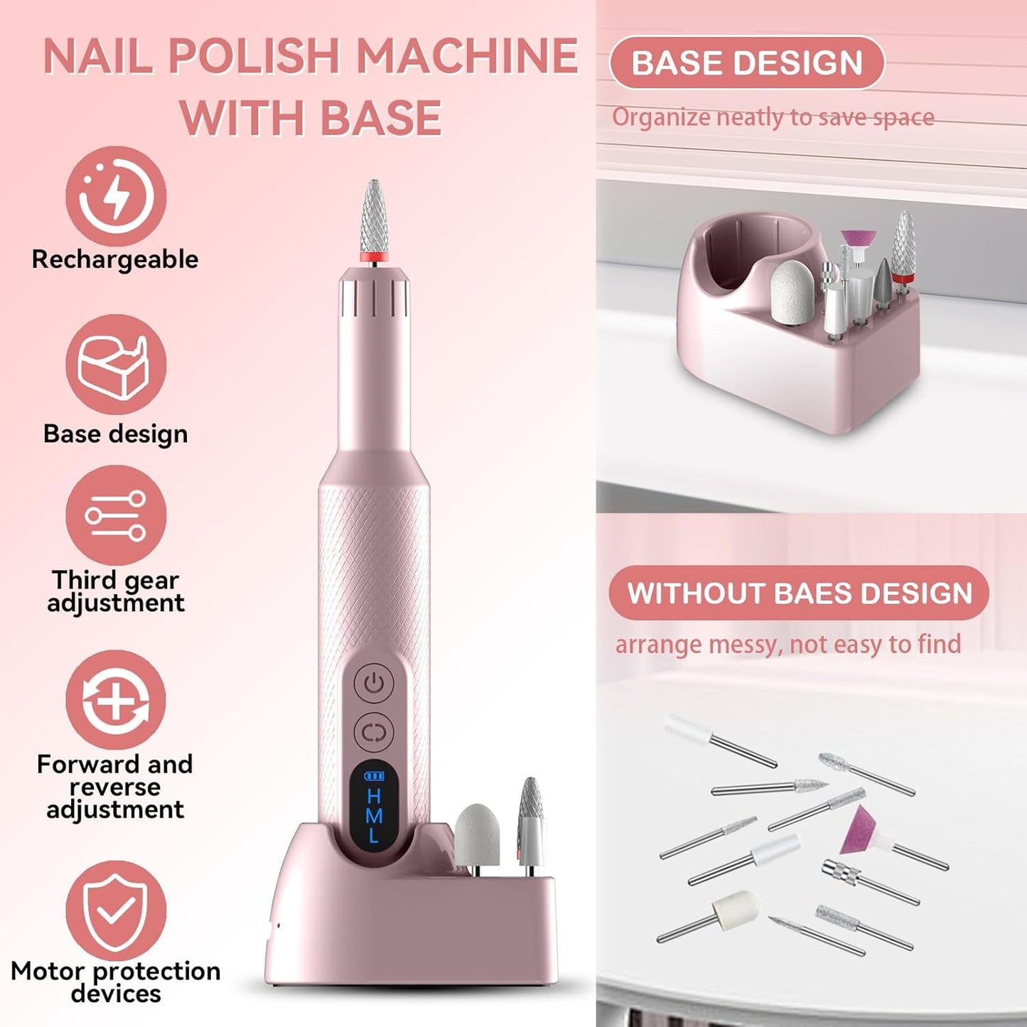 Portable Electric Nail Drills,Professional Nail Drill File Kit for Acrylic,Manicure and Pedicure Sets for Grinding,polishing and Trimming,Rechargeable Pedestal Nail Polisher. Pink