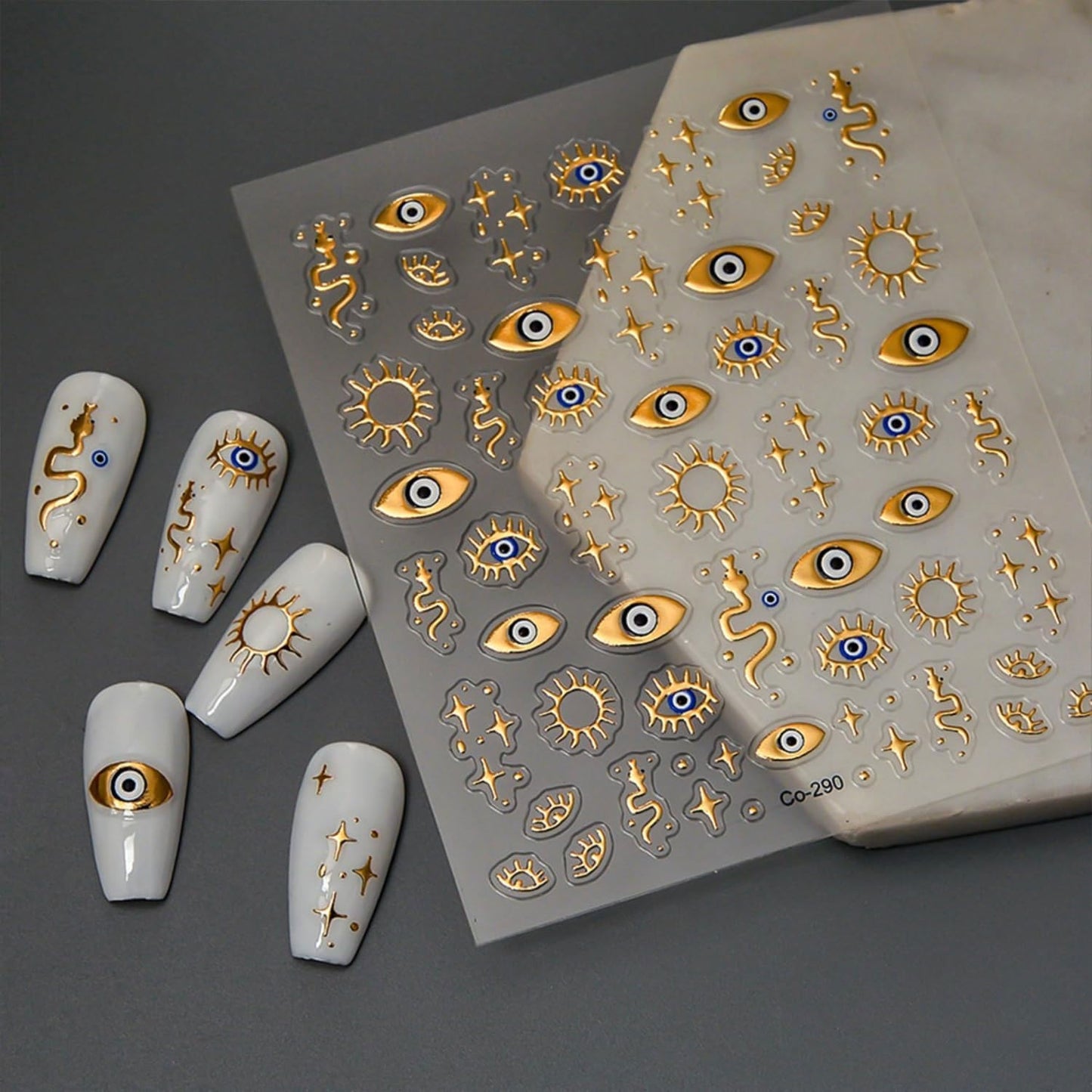 Gold Nail Stickers Evil Eye Nail Art Stickers 5D Embossed Nail Decals Gold Star Snake Design Nails Supplies for Women DIY Nail Art