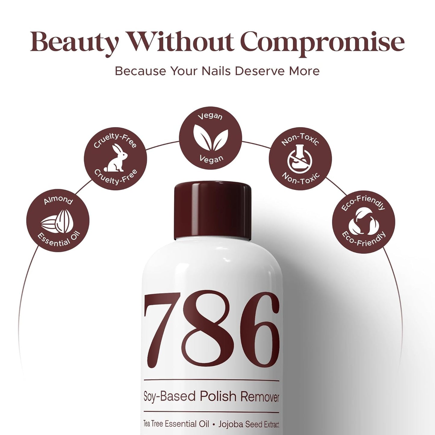 786 Cosmetics Soy-Based Nail Polish Remover - Acetone Free, with Almond Essential Oil, Gentle Nail Polish Remover, Non-Toxic, Non-Flammable, Promotes Healthy & Moisturized Nails