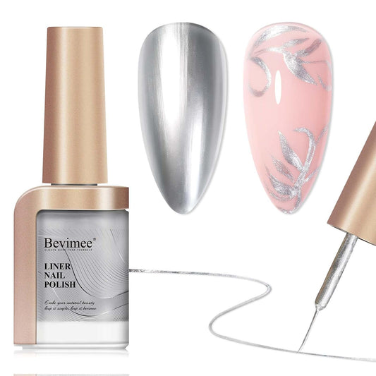 Nail Polish Liner Silver, Air Quick Dry, Chrome Metallic Nail Lacquer Non Gel liner Nail Art, Glitter Build in Thin Brush for Nail Design Polish Nail Decoration Dotting Painting, 12ML