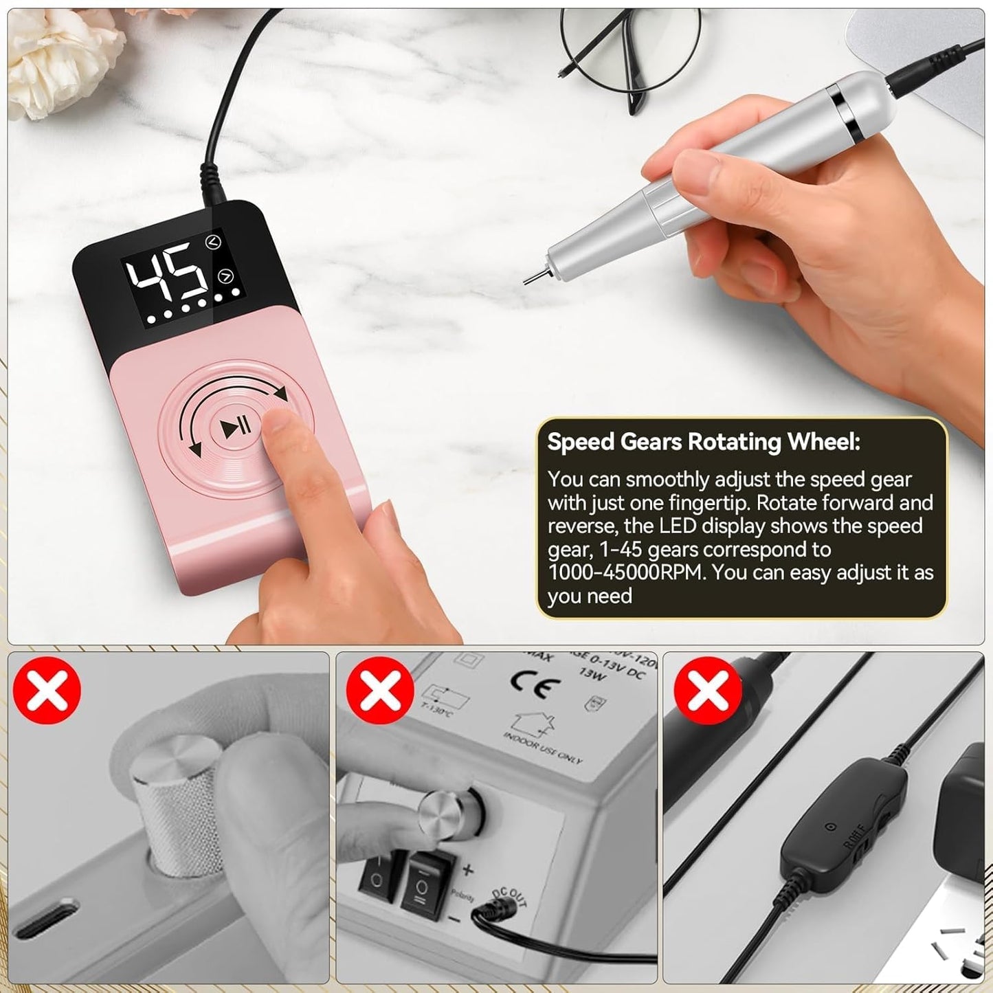 Cadrim Portable Electric Nail Drill Professional 45000 RPM, 2025 Upgrade-Speed Control Disc, Rechargeable Electric Nail File for Acrylic Gel Nails, Pink Cordless Nail Drill Kit for Salon Home