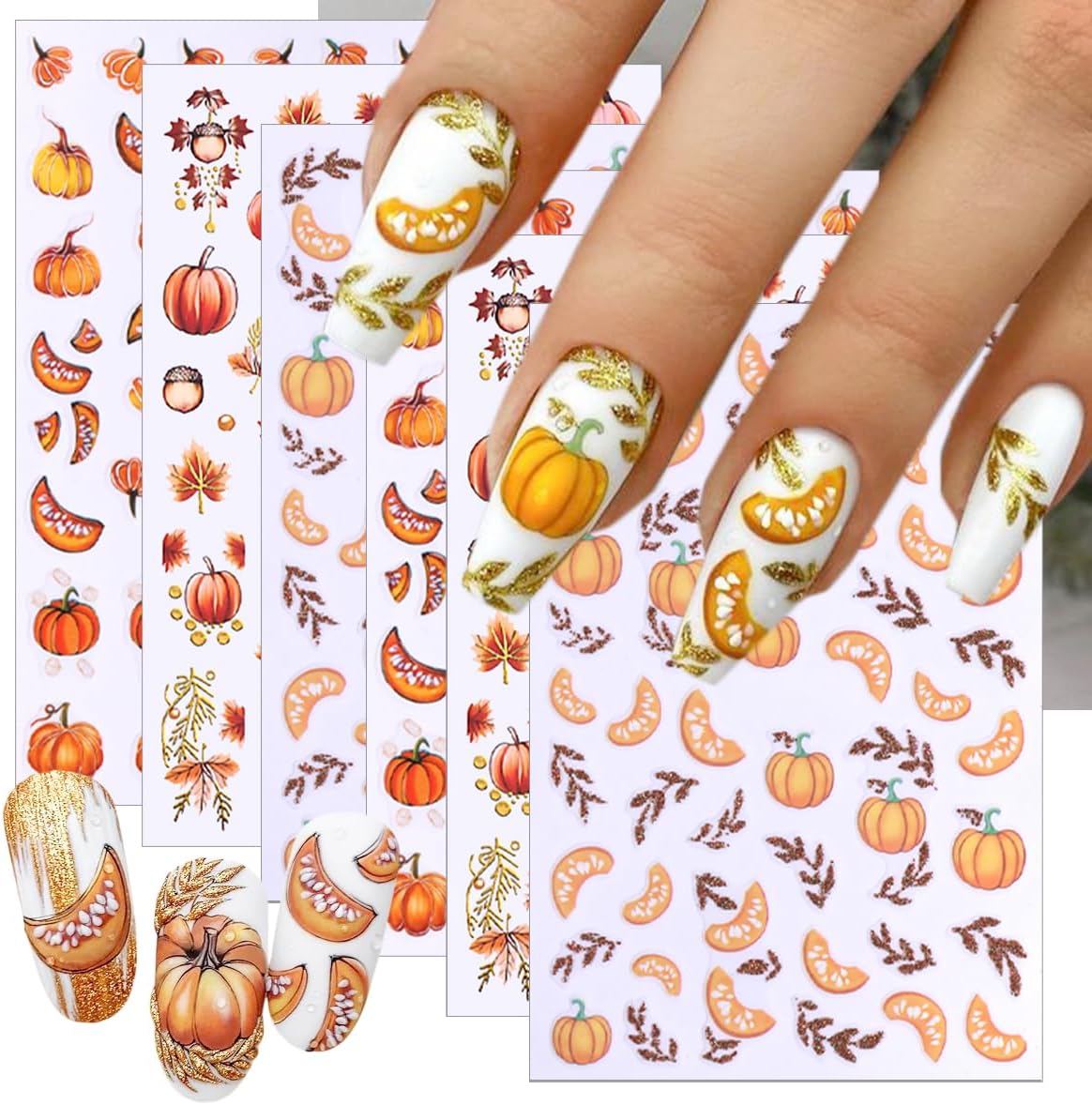 6 Sheets Fall Nail Art Stickers Pumpkin Fall Maple Leaf Nail Decals Fallen Leaves Nails Designs 3D Self-Adhesive Thanksgiving Nails Stickers Autumn Nail Art Supplies for Women DIY Manicure Art Kit