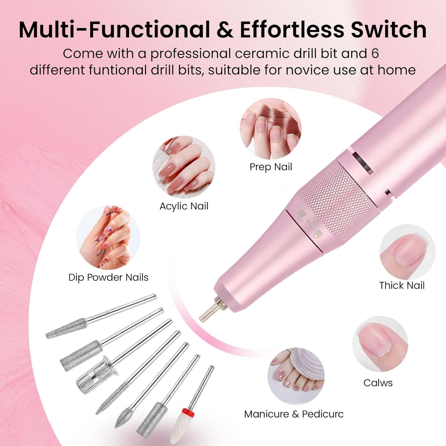 Electric Nail Drill Kit for Beginners Professional Nail Drill Machine for Home Use 40000RPM Portable Quite E-File for Acrylic Nails Polishing& Shaping&Removing with 7 Drill Bits for Home & Salon Use