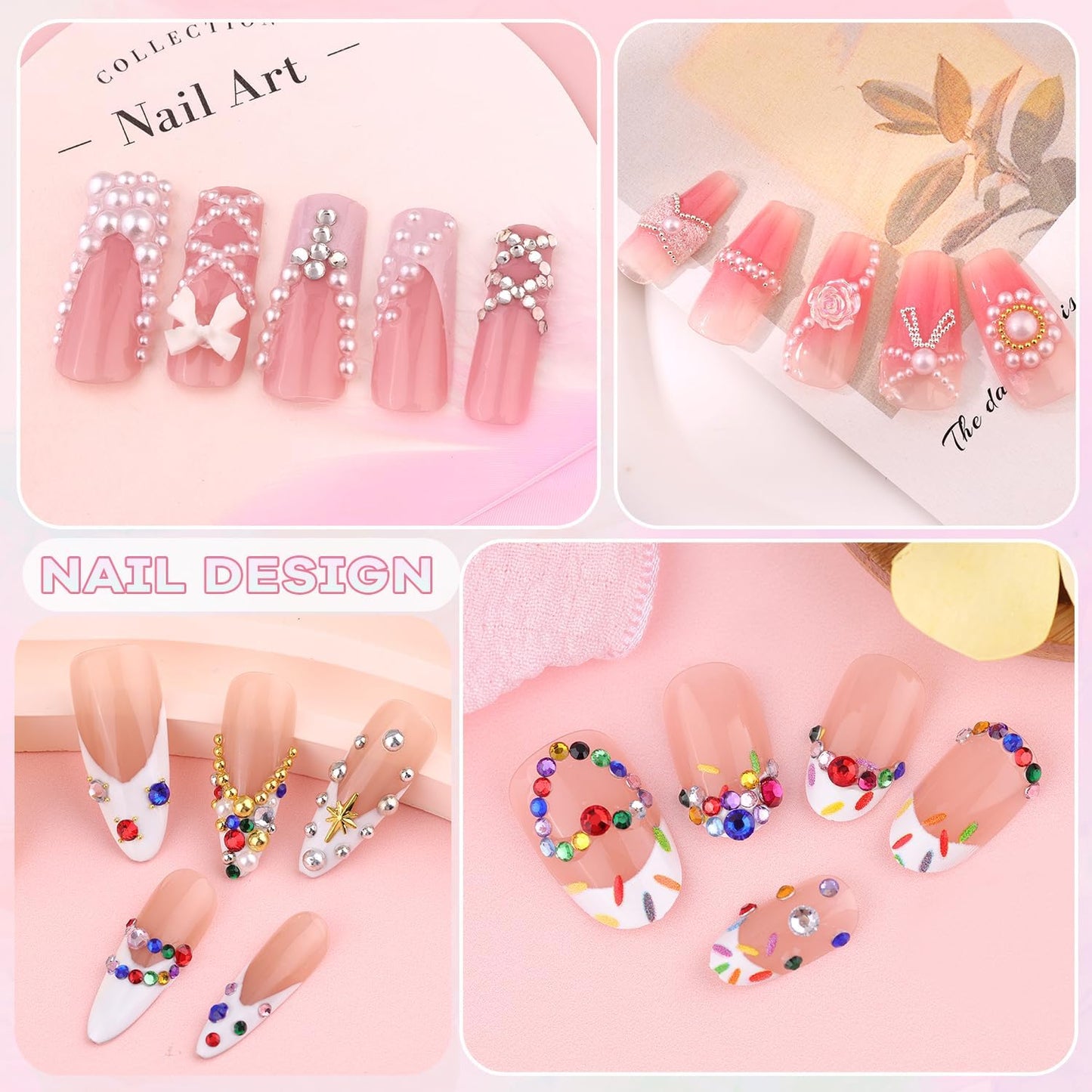 8000Pcs Nail Pearls and Colorful Rhinestones for Nail Art, White Pearl Nail Charms(Flatback+Round), Nail Gems and Rhinestones Crystals Charms Bedazzling Gems for Acrylic Tips Manicure Decor