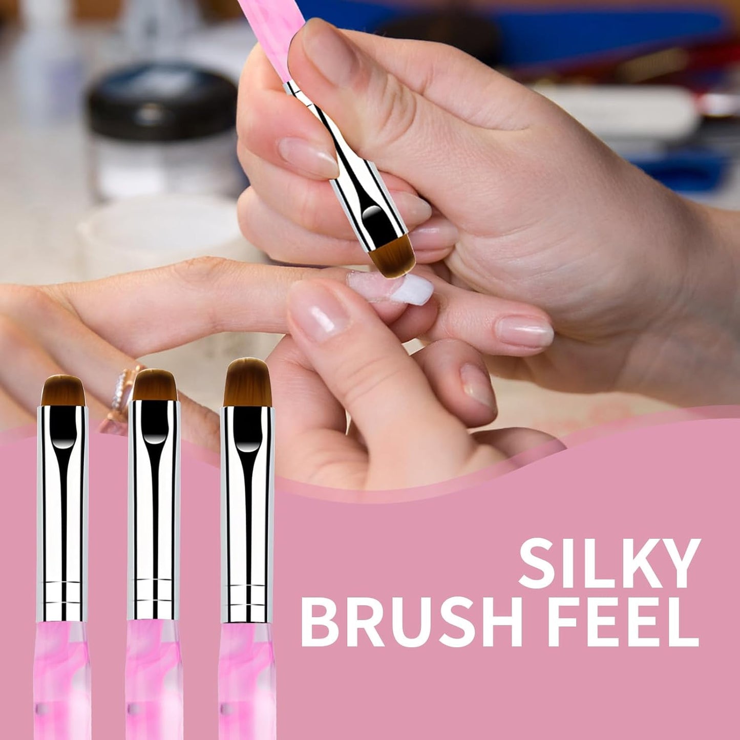 French Manicure Brush, Esclane 2 Way French Nail Brush with Dotting Tool for Manicure Cuticle Clean Up Nail Art Design, French Tip Brush (Pink, #14)