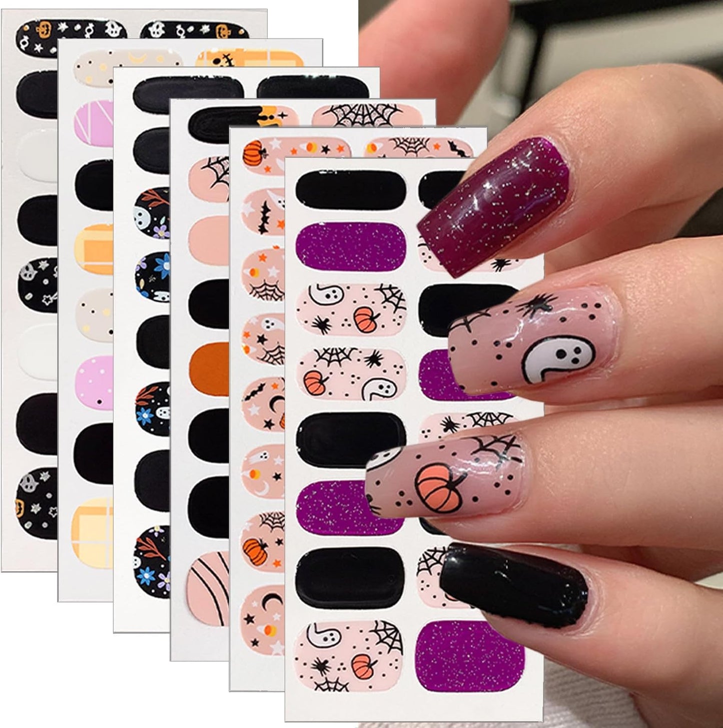6 Sheets Halloween Nail Art Stickers Cute Cat Ghost Full Nail Wraps Stickers 3D Self-Adhesive Pumpkin Bat Spider Mummy Nails Polish Sticker Shiny Spider Web Gel Nails Strips Decals for Women