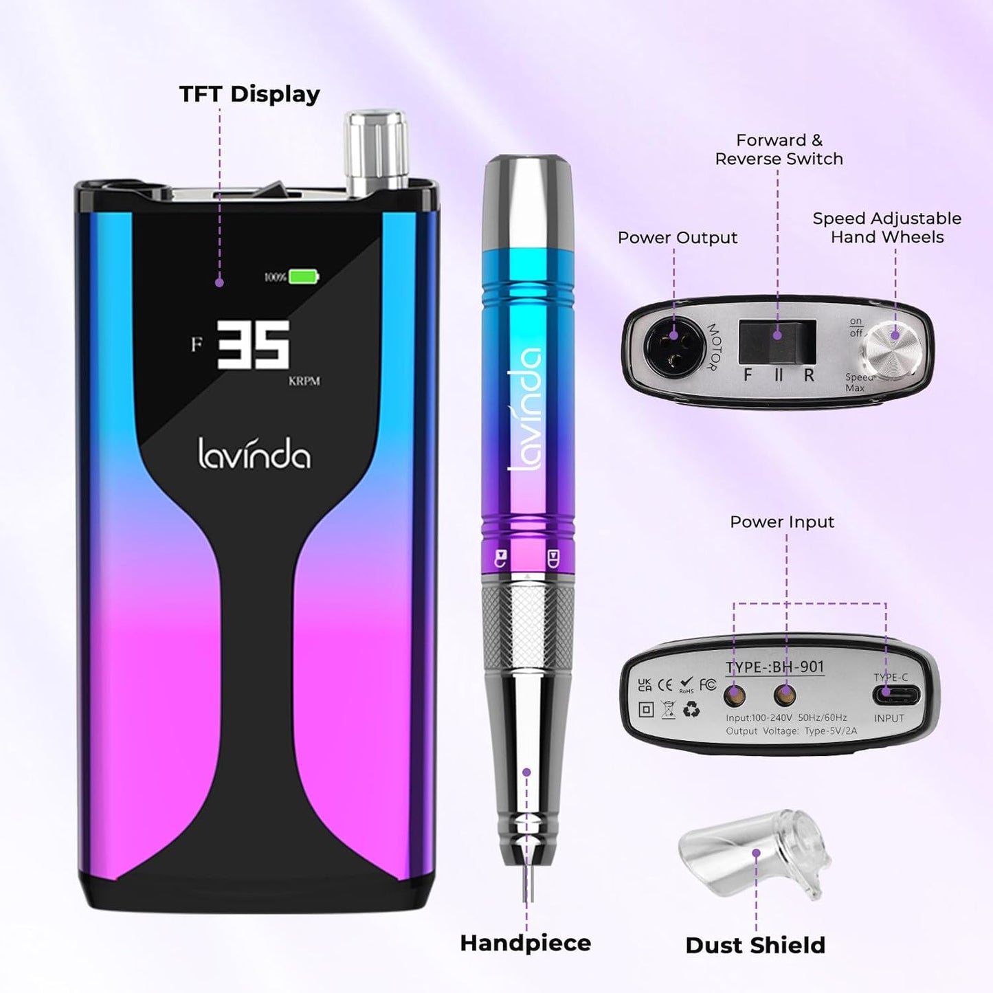 Lavinda Professional Rechargeable Nail Drill Machine, Cordless 35,000RPM Skyspace Brushless Nail Drill, Portable Electrical Nail File for Acrylic Nails with Protective Case, Gradient Blue & Purple