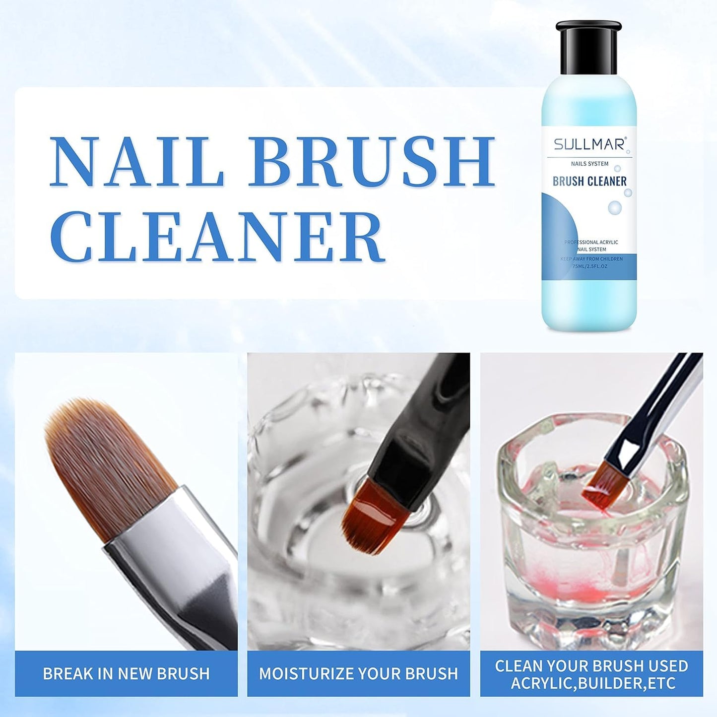 Nail Art Brush Cleaner & Restorer Quickly Clean Gel Nail Brushes Nail Brush Preserver for Any Nail Art Brush DIY Salon at Home 2.5fl.oz