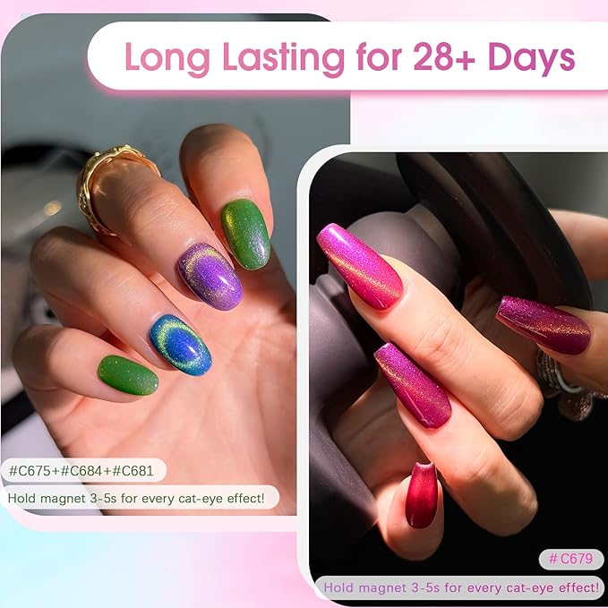 ROSALIND Gold Glitter Cat Eye Gel Nail Polish, 8 Color Magnetic Cateye Gel Polish with Magnet Stick Sparkling Gold Blue Green Professional Soak Off UV Gels