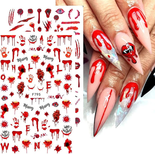 TOFD Blood Nail Art Stickers Halloween Sticker Decals, Self Adhesive 3D Supplies Scar Clown Snake Eye Heart Designs for Women Girls Acrylic Nails, 4 Count (Pack of 1)