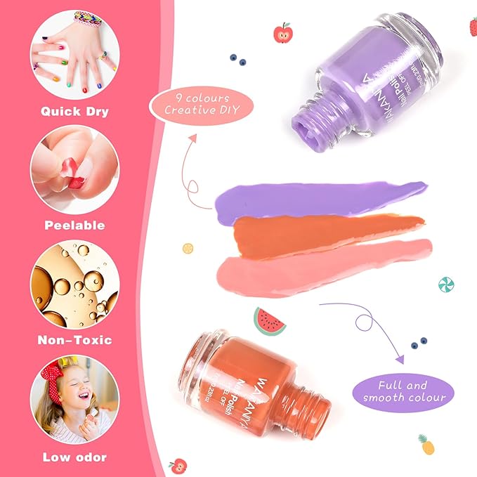 Kids Nail Polish for Girls with Gems Stickers, Non-Toxic Peel-Off Quick Dry Mini Nail Polish 9 Colors Set for Ages 3+