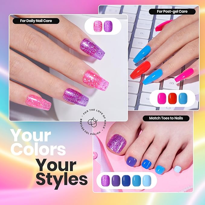 Beetles Quick Dry Neon Nail Polish Set - Glitter Rainbow Nail Polish Set 12 Colors Regular Air Dry Fingernail Polishs Pack for DIY Nail Art Salon Home Women Christmas Gift
