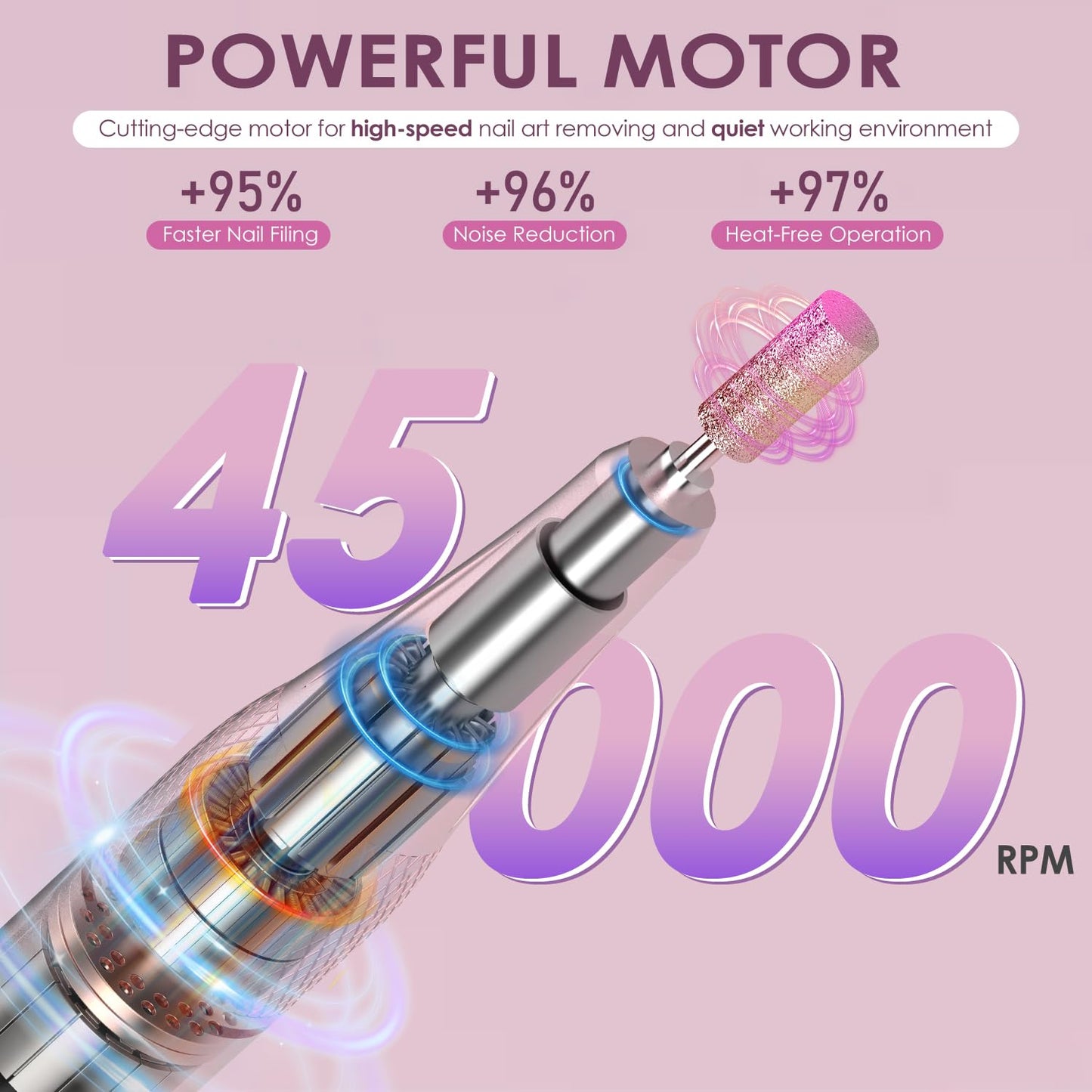 Electric Nail Drill 45000 RPM, Professional Rechargeable Nail File Kit, Portable Nail Drill Machine, Acrylic Nail Kit, Touch Screen Control, for Any Manicure, Pedicure, Pink