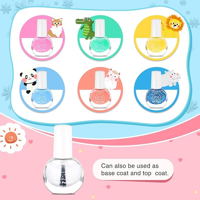wakaniya Kids Nail Polish for Girls, Mini Nail Polish Set with Clear Non-Toxic Nail Polish Kit, Water-Based Peel-Off Quick Dry Low Odor Nail Polish Set Ages 3+