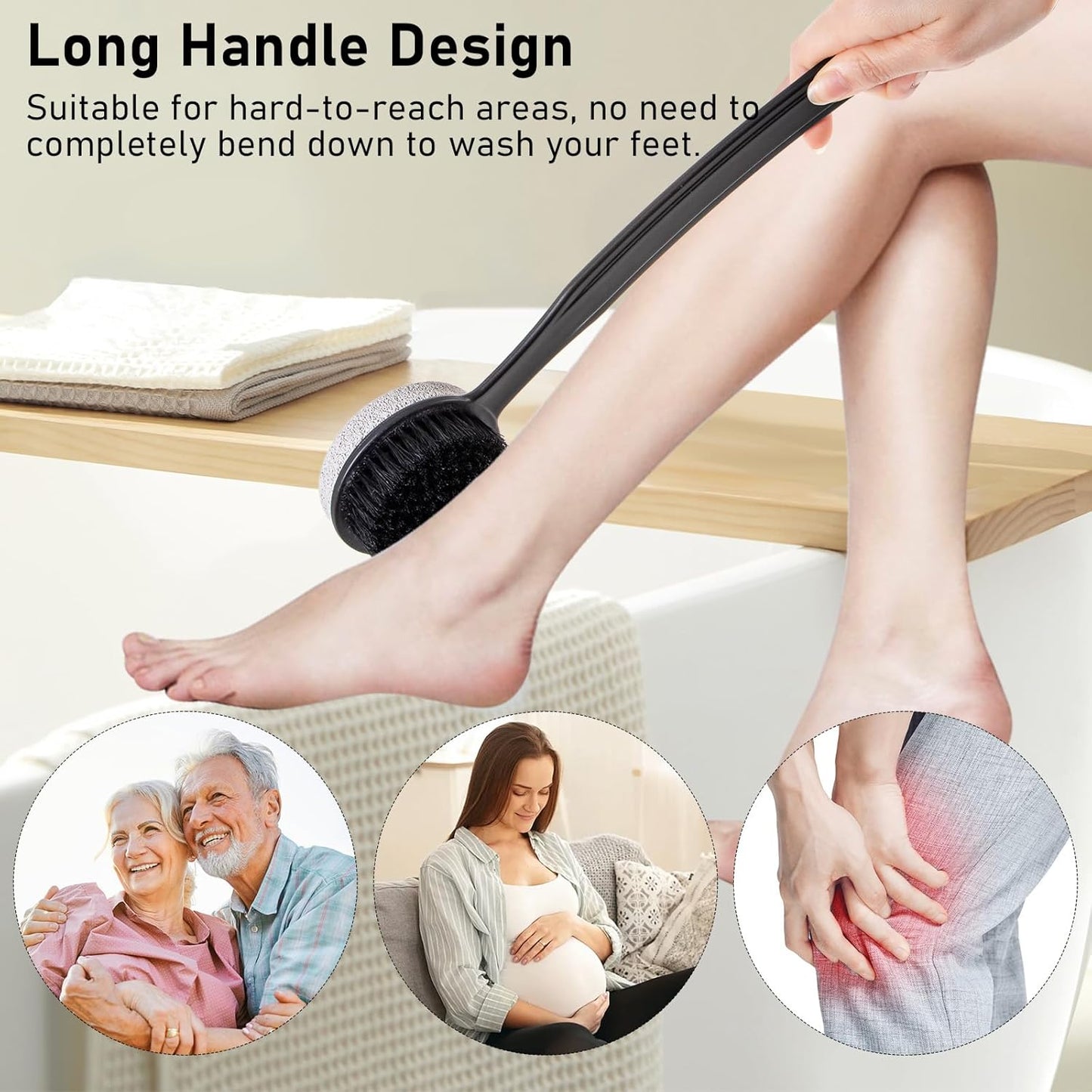 Pumice Stone for Feet and Shower Brush with Long Handle 13.7",Hard Skin Callus Remover, 2 in 1 Foot Scrubber Brush, Back Scrubber Body Brush for Shower Deep Cleansing and Exfoliating (Curved)