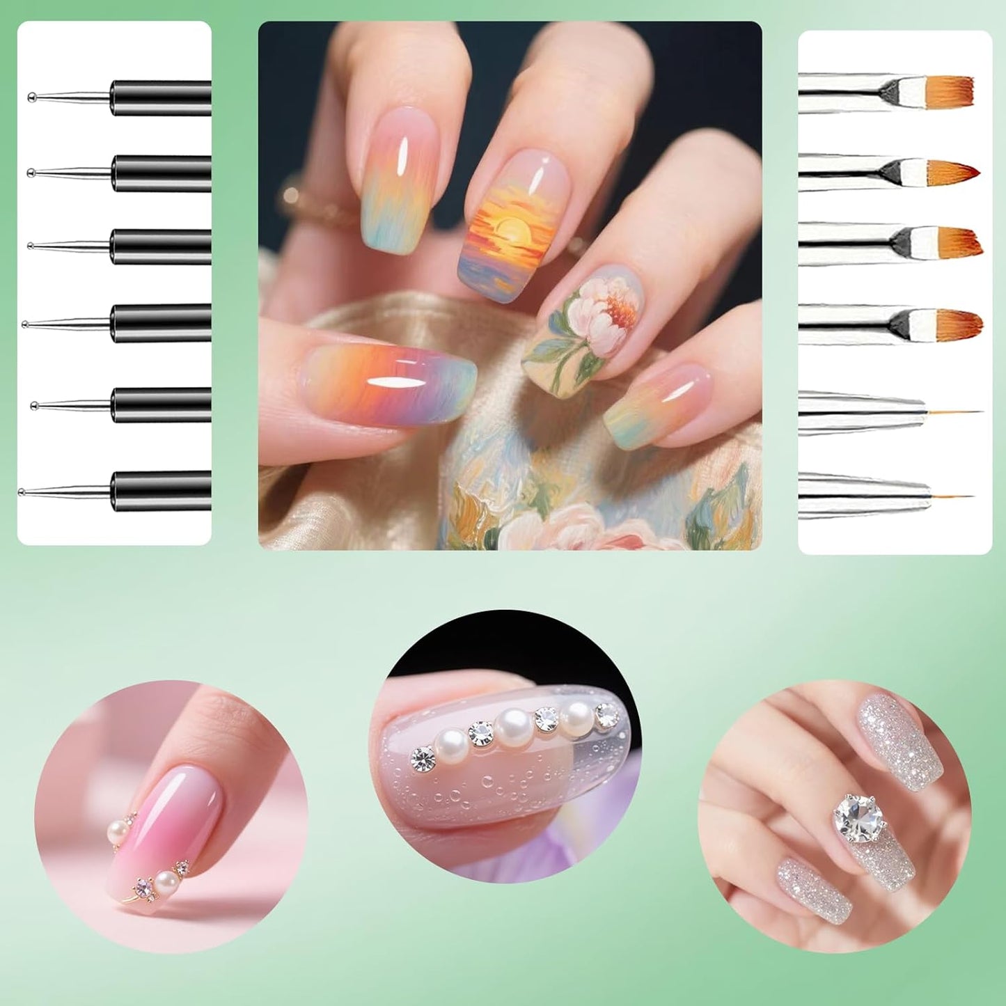 11Pcs Nail Art Painting Tools Set - 6 Pcs Double Ended Nail Art Painting Brsuh Dotting Pen and 5 Pcs Nail Art Liner Brushes