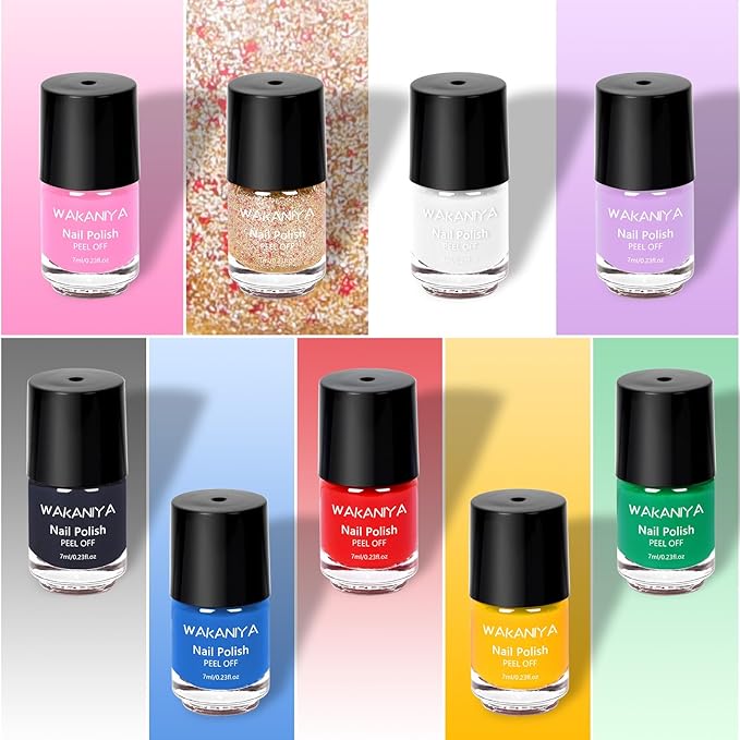 wakaniya Kids Nail Polish - Quick Dry Mini Nail Polish Set for Girls with Gems Stickers, 9 Colors Non-Toxic Water-Based Peel-Off Low Odor Toddler Nail Set for Ages 3+