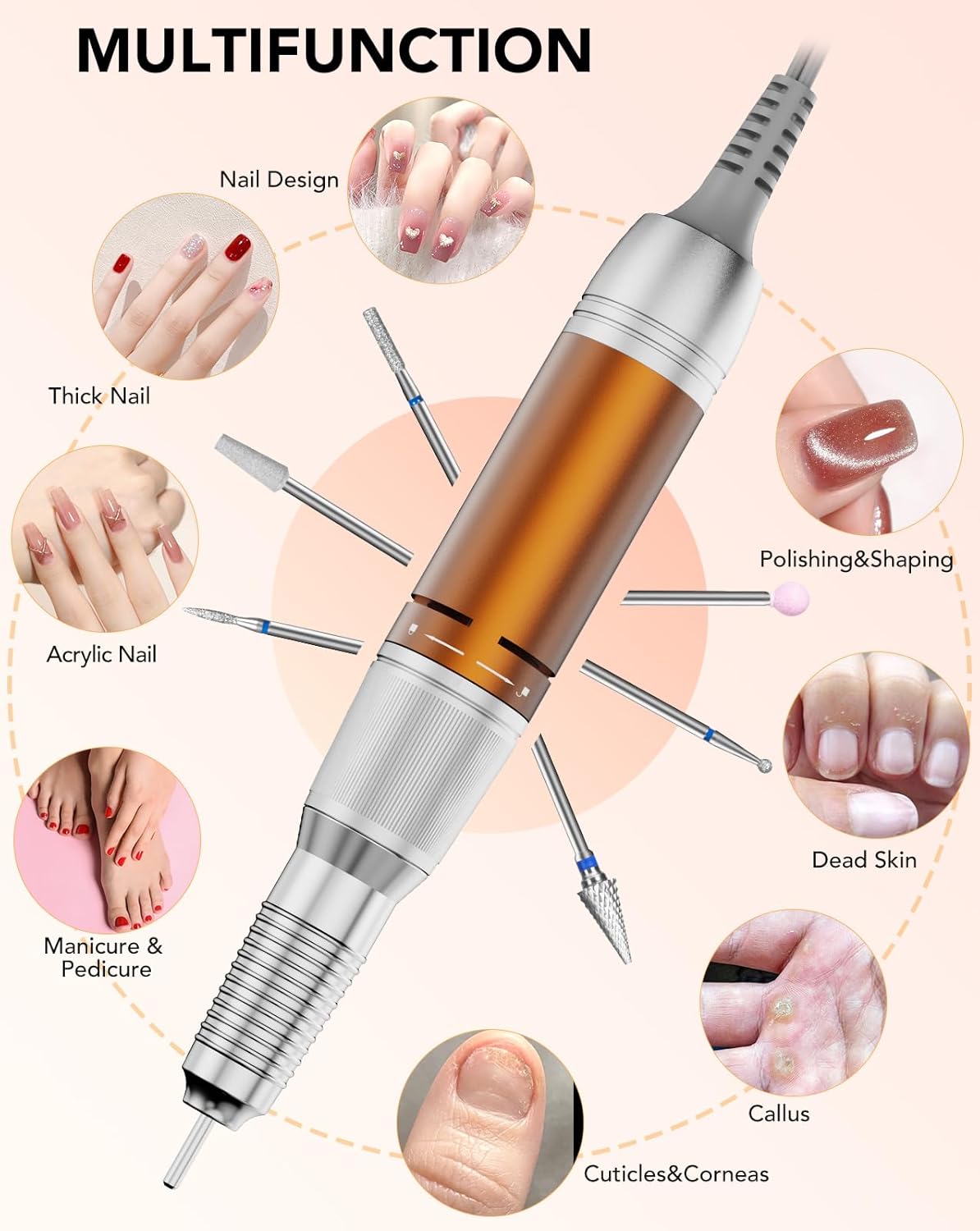 Professional Nail Drill with Foot Pedal, Nail E File 45000 RPM Speed, Electric Nail Filer for Acrylic Nails, F/R Rotation, 65W Power, Quite Nail Drill Machine for Women Orange
