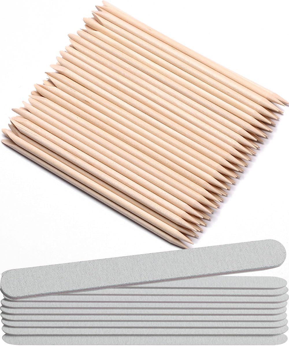 110 PCS Orange Wood Nail Sticks & Professional Double Sided 100/180 Grit Nail Files Emery Board Black Manicure Pedicure Tool White
