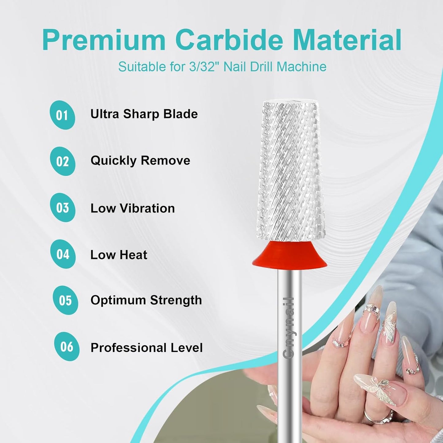 3/32" Large Tapered Barrel Flat Bit Tungsten Carbide Nail Drill Bit Safety Bit for Gel & Acrylic Removal, 2- Way Rotating Efile Tip, Salon Electric File Accessory (F Girt, Silver)