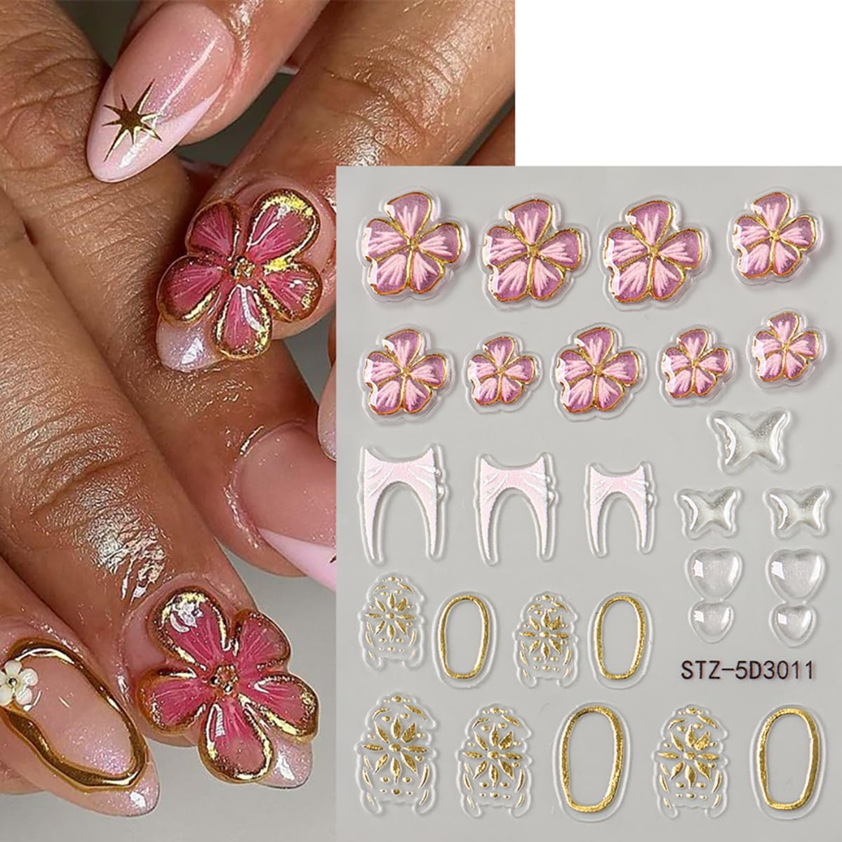 Flower Nail Stickers 5D Embossed Cherry Blossom Nail Decals Pink Floral Gold Star French Nails Art Stickers Cute Nails Supplies Spring Flower Manicure Decoration Accessories Charms for Women Girl 4Pcs