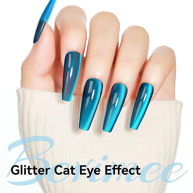 Cat Eye Gel Nail Polish, Sea Blue Jelly Glass Magnetic Nail Polish Magic Holographic Effect, Glitter UV Gel Sparkle Crystal Color for Nail Salon DIY At Home