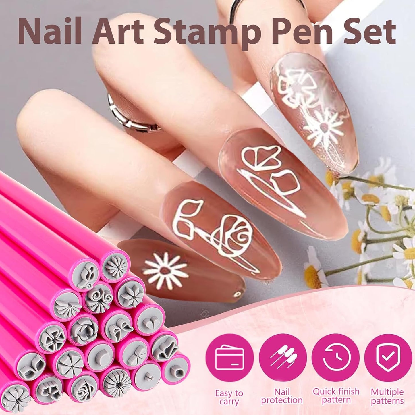 20PCS Nail Art Stamp Stamps Pen, Flower Stamper Pen for Women Girls, DIY Kit for Nail Art with Various Patterns