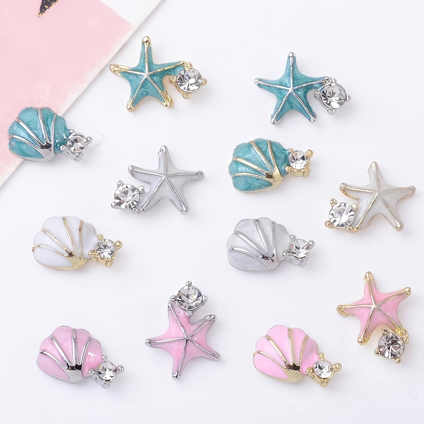 24Pcs Alloy Seashell Starfish Nail Charms for Acrylic Nails 3D Shiny Metal Seashell Starfish Nail Rhinestone Ocean Silver Diamond Starfish Nail Charms Nail Accessories for Women DIY Manicure Decor