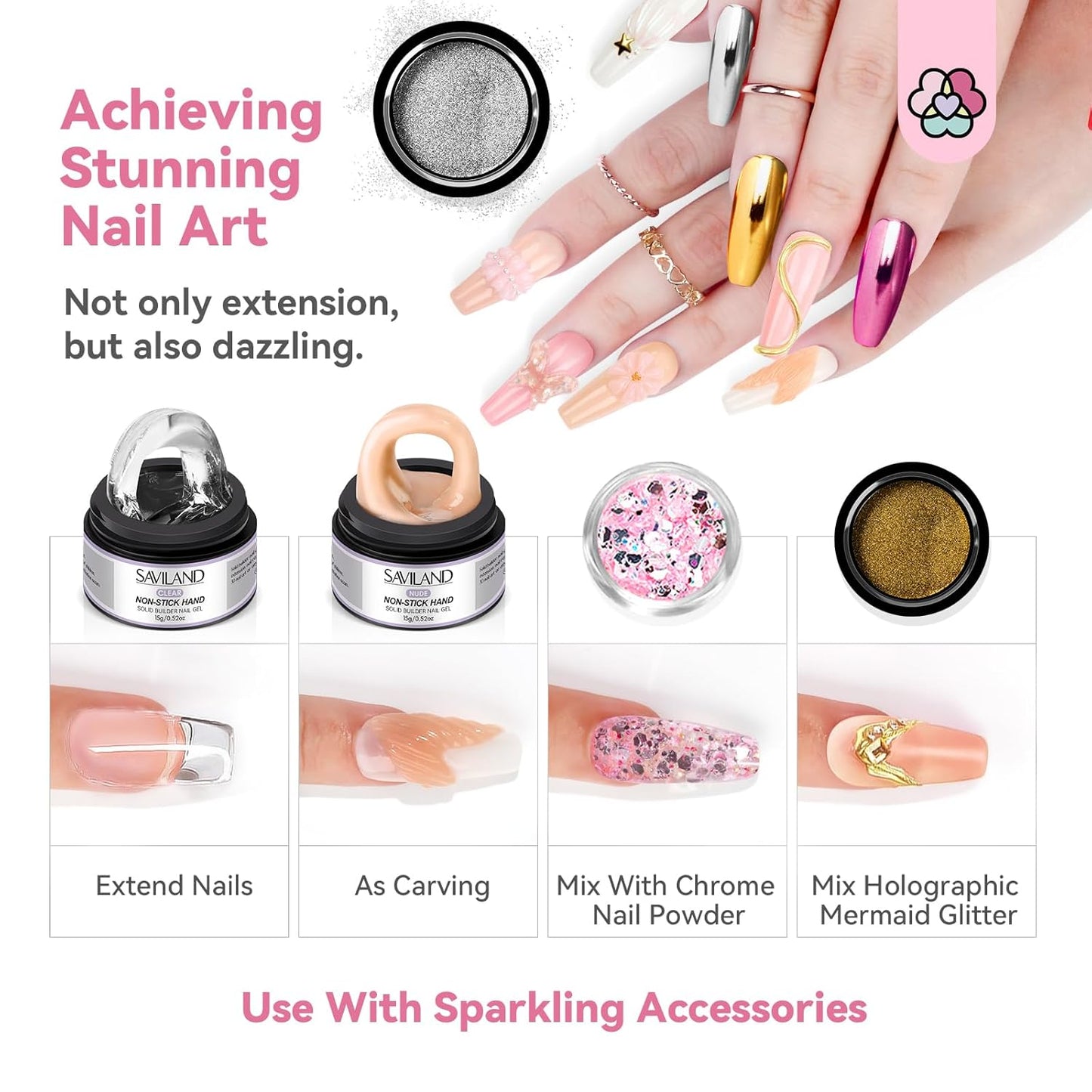 SAVILAND Non Sticky Solid Builder Nail Gel Kit: 4 Color Long-lasting Clear Nude White Pink Solid Hard Gel with Chrome Nail Powder for Nail Extension 3D Sculpting Nail Art Starter Kit DIY Home Salon