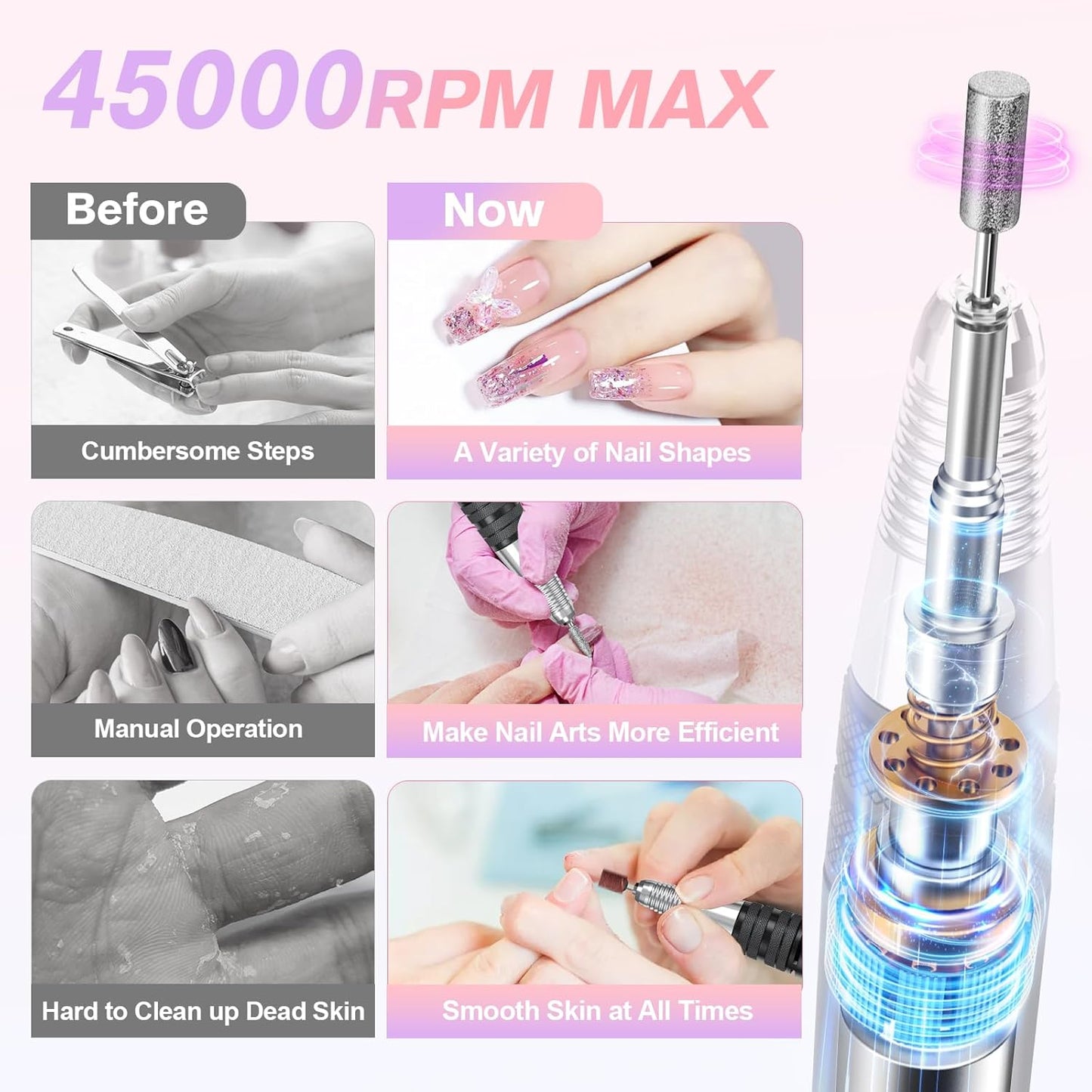 Beloving Portable Nail Drill Professional, 45000RPM Rechargeable Nail Drill Electric File Machine for Acrylic Gel Polish Remover, Cordless Nail Kit for Manicure Pedicure with 11 Bits for Salon (Black)