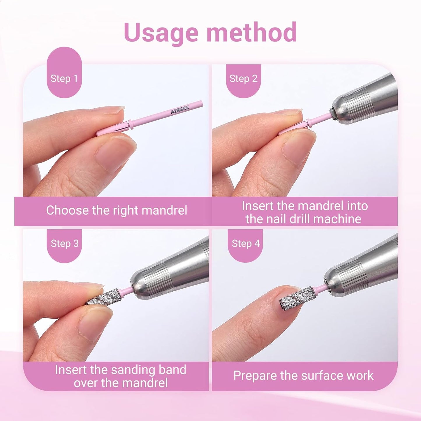 AIRSEE 3.1mm Small Nail Drill Mandrel Bits for Mini Efile Sanding Bands, Stainless Steel Professional Electric Head Clean Remove Cuticle Removing, Acrylic Manicure Sander Safety (Rose Pink)
