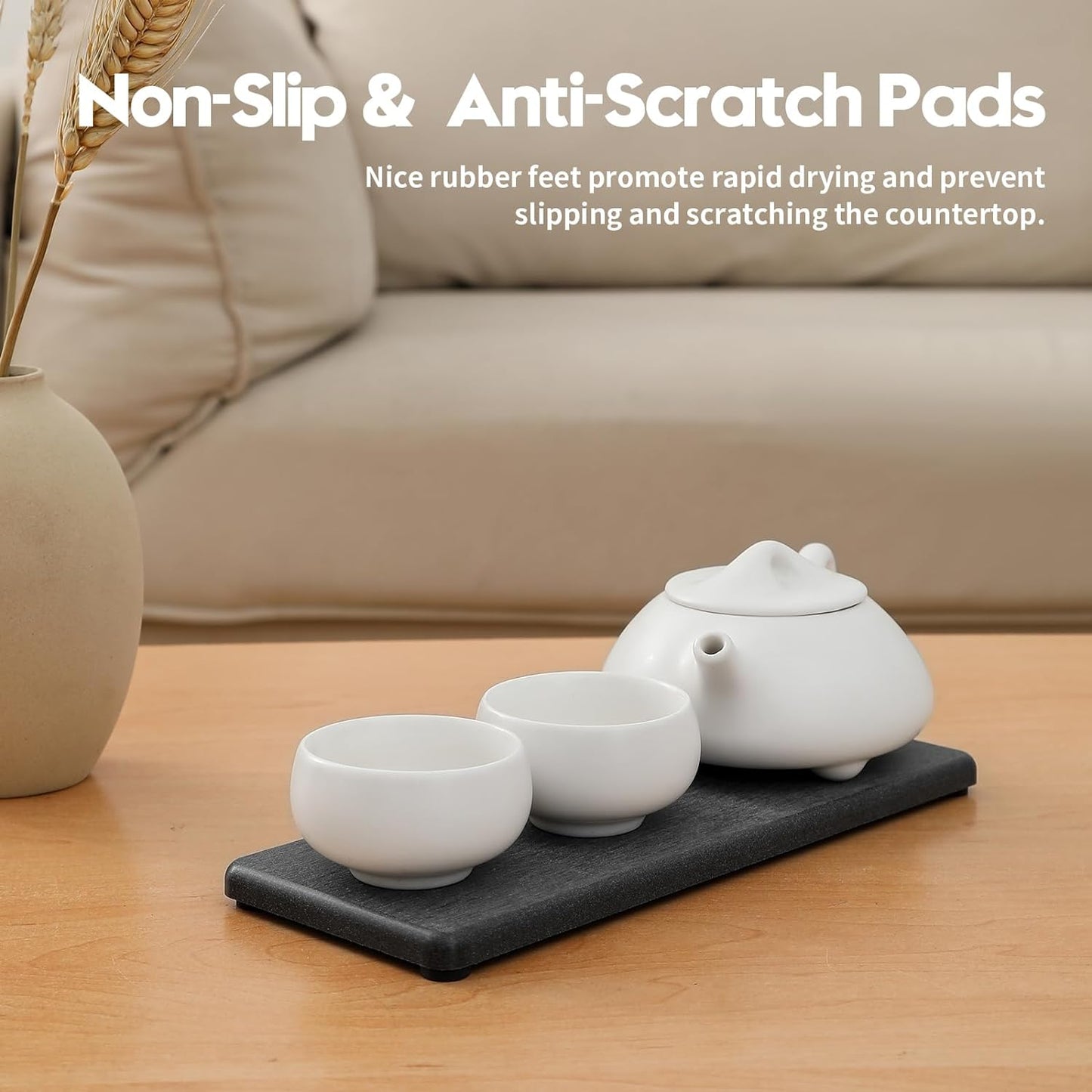 2PCS Bathroom Trays, Water Absorbing Diatomite Stone Quick Drying Mat for Kitchen Counter, Dish Rack Soap Dispenser Sponge Holder Caddy Sink Vanity Organizer, Dark Gray Slate,9"x3.5"