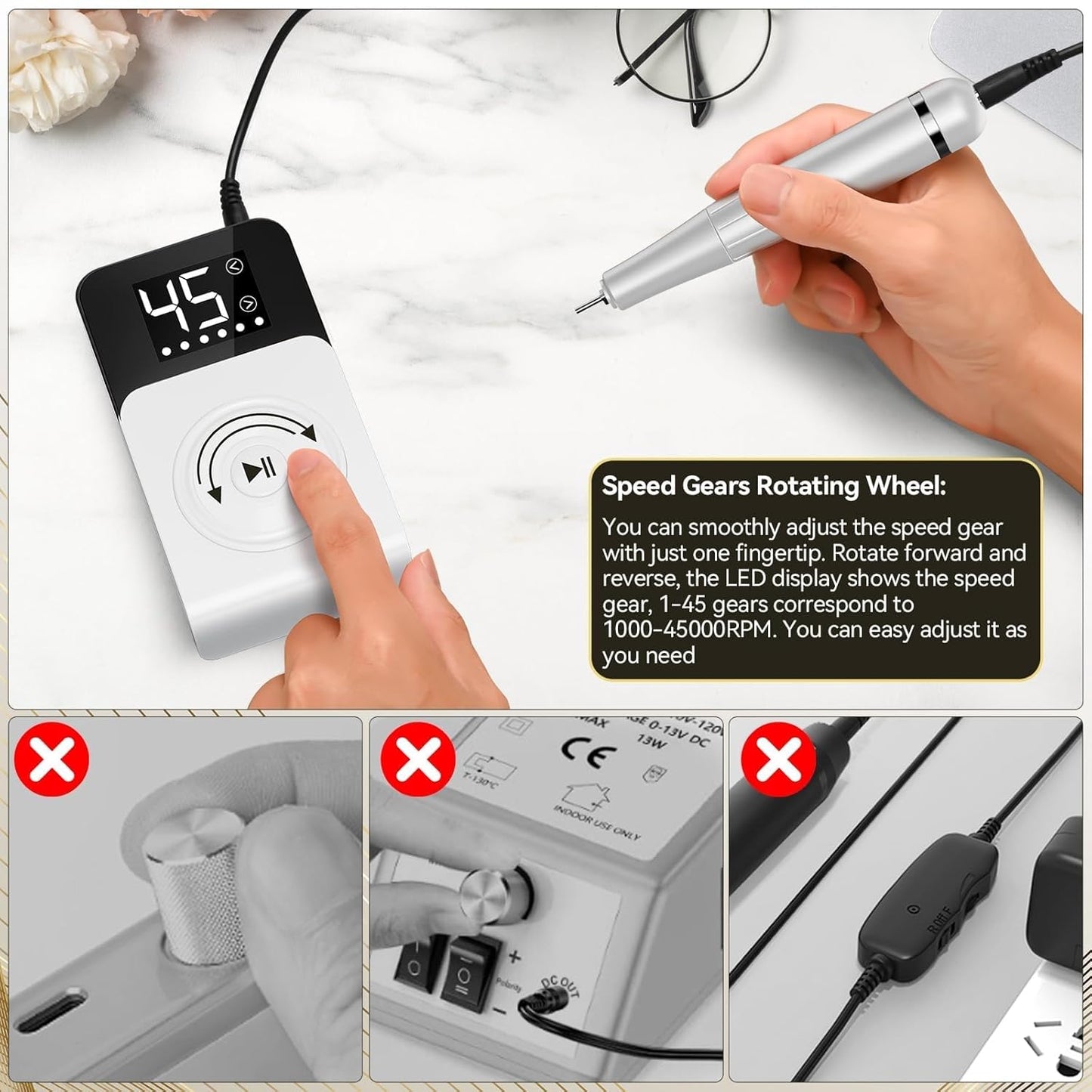Cadrim Portable Electric Nail Drill Professional 45000 RPM, 2025 Upgrade-Speed Control Disc, Rechargeable Electric Nail File for Acrylic Gel Nails, Nail Drill Kit for Salon Home, White