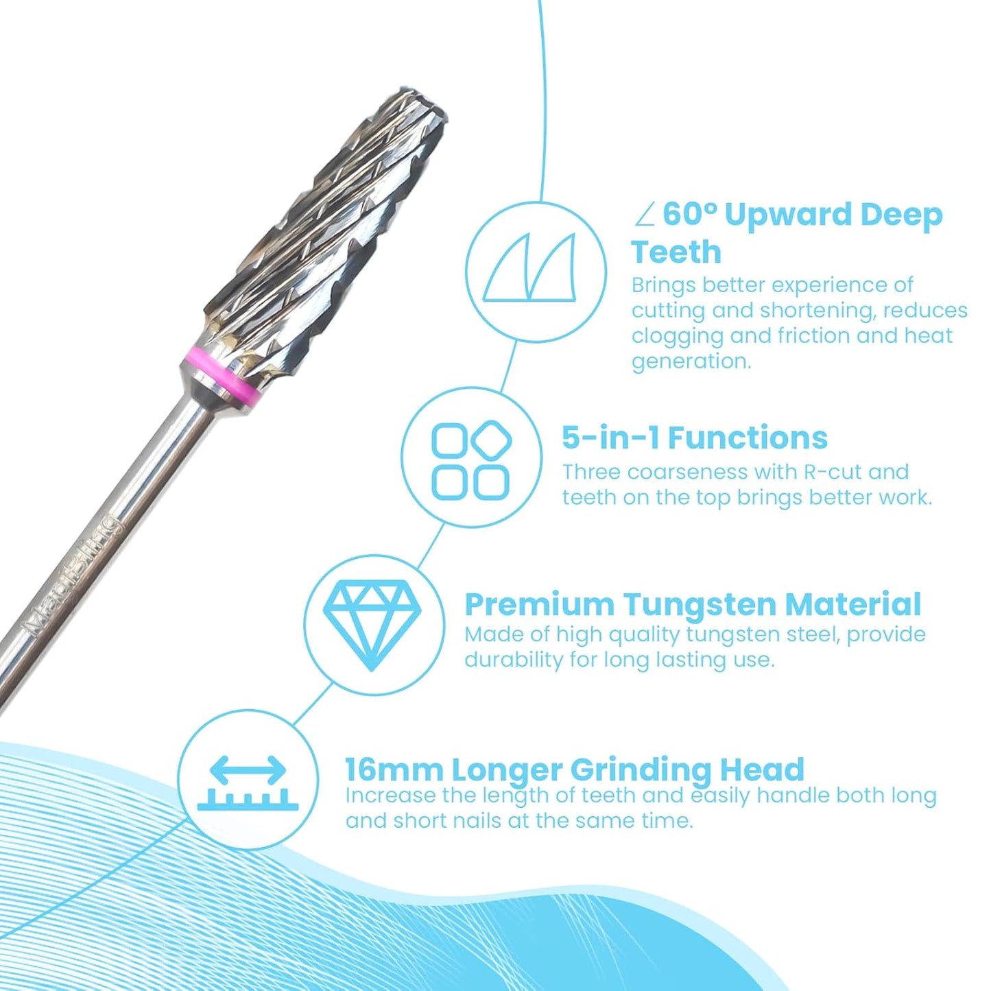 Super Cut 5 In 1 Nail Drill Bits, Tapered Barrel 3/32'' Safety Tungsten Bits, Upward Cut for Hard Gel Removal, Right Hand Use, Manicure Cuticle Gel Polishing, Technicians Bits, Double Coarse.