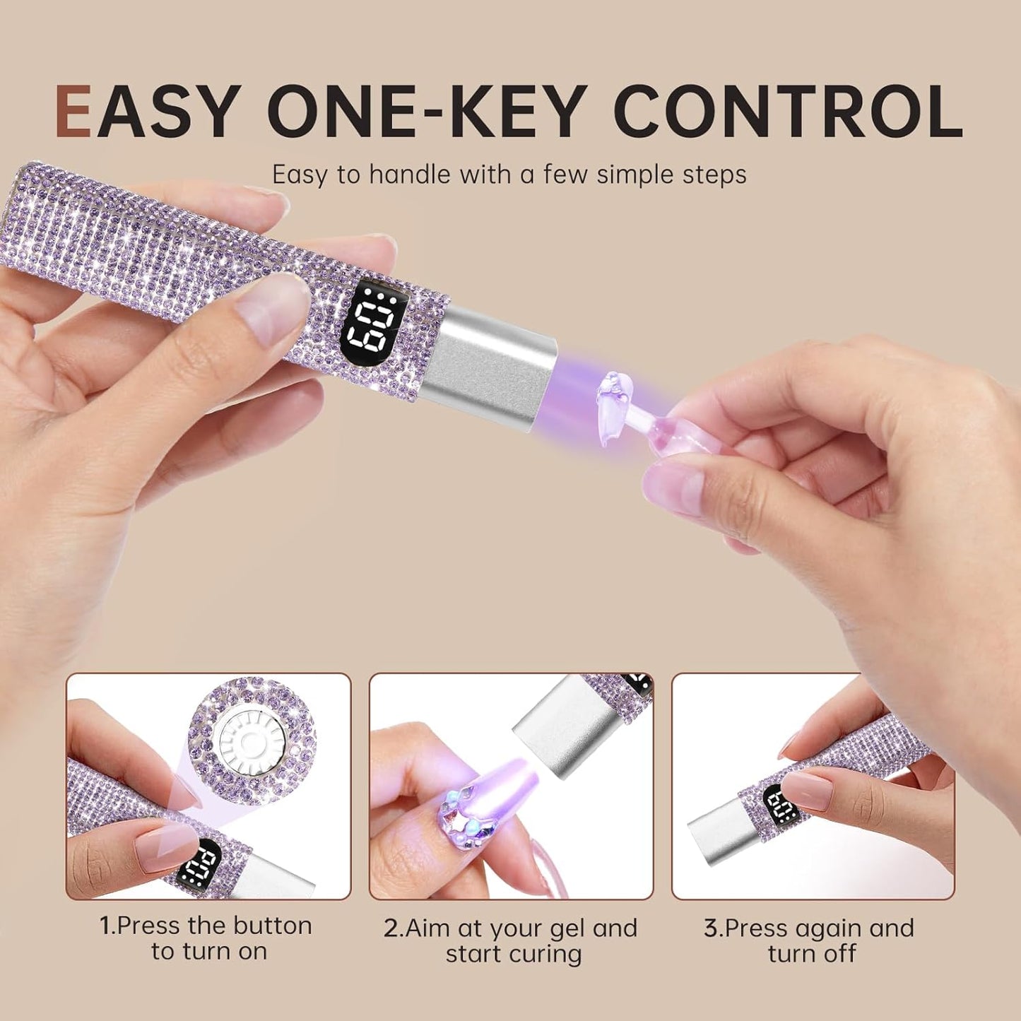 Handheld UV Light for Gel Nails,Mini LED Cordless Nail Lamp for Gel Nail Polish,Portable Flash Cure Lamp,Rechargeable USB Nail Dryer with LCD Display Fast Curing (Purple Diamond)