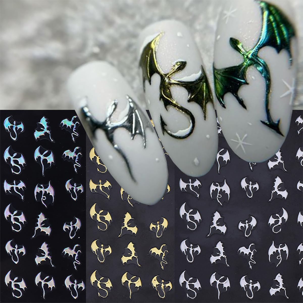 6 Sheets Halloween Bat Nail Stickers for Nail Art Glitter Laser Gold Silver Nail Decals 3D Self-Adhesive Gothic Dragon Nail Design Stickers Holiday Nail Art Supplies for Women DIY Women