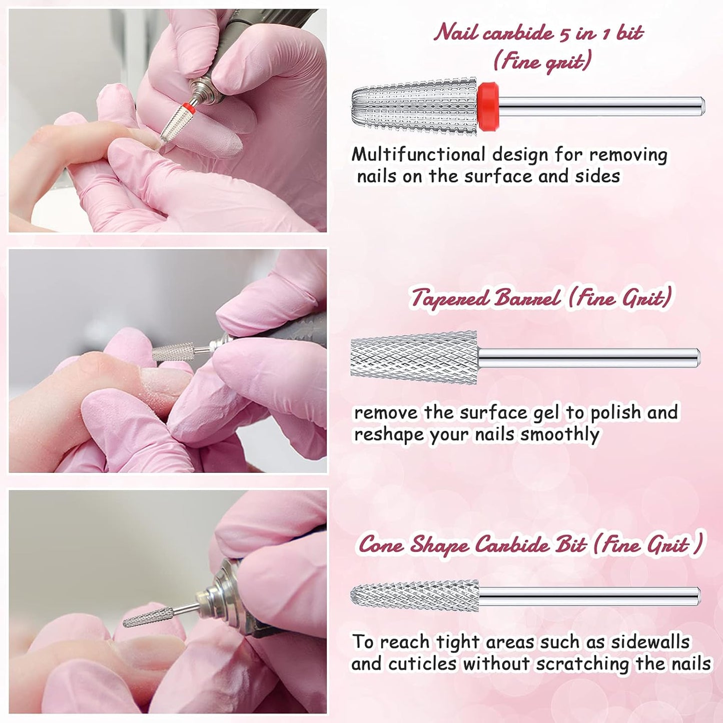 Outus 3 Pieces Nail Carbide 5 in 1 Tapered Barrel Carbide Nail Drill Bit Set, 3/32 Inches Cone Shape Bit for Acrylic or Gel Remover (Silver)