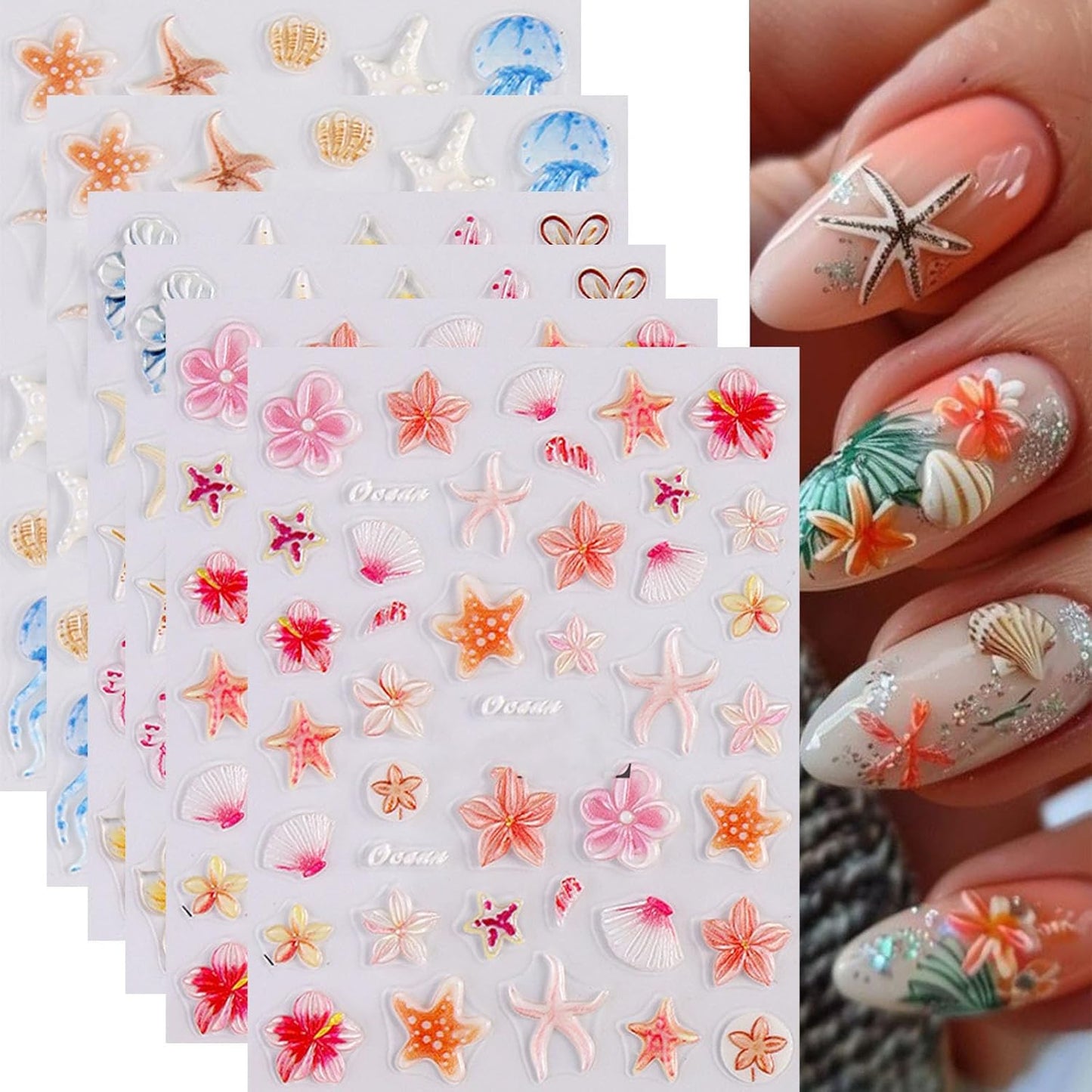 Ocean Life Nail Art Stickers, 6 Sheets, Starfish Seashell Flower Design, 5D Embossed Self-Adhesive Decals