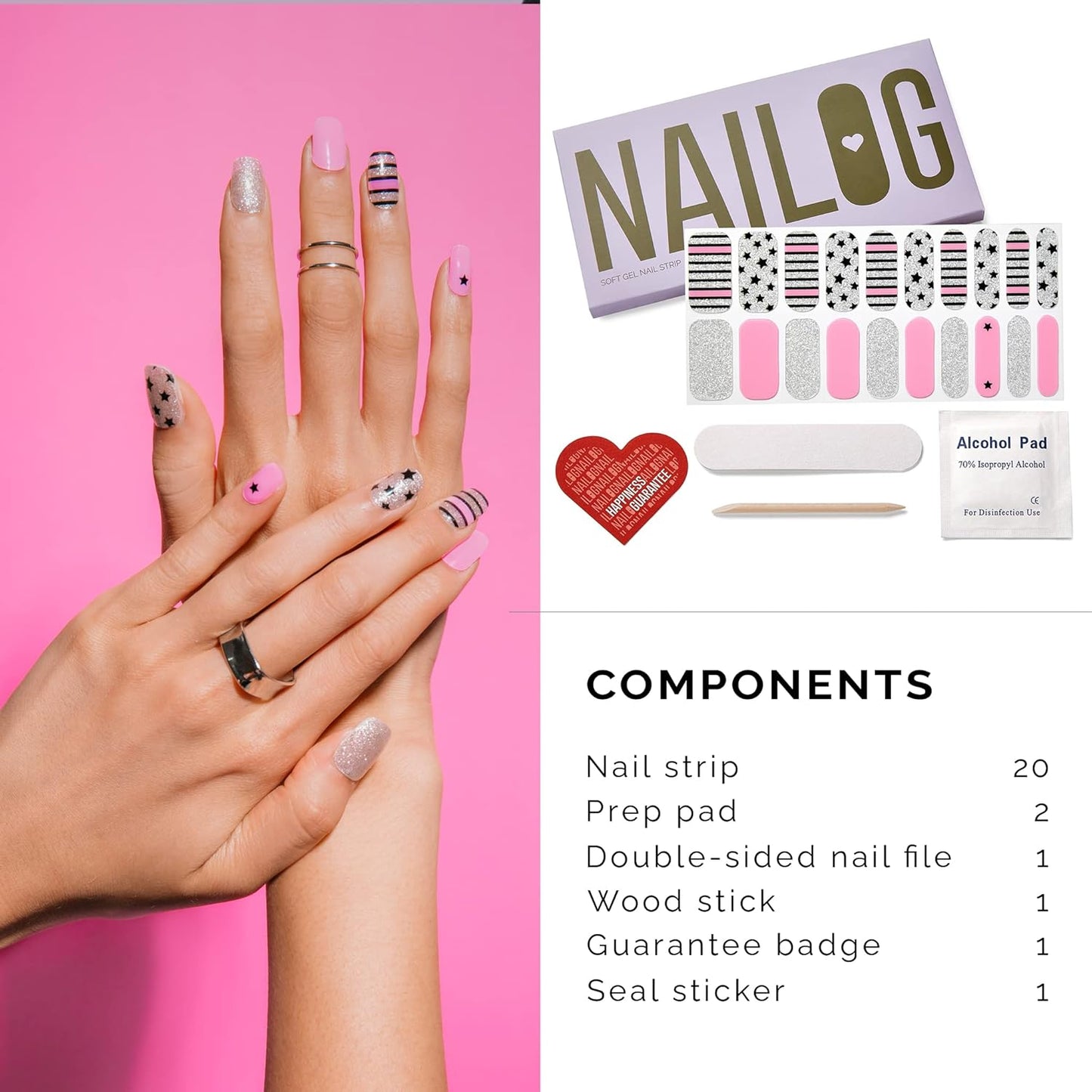 NAILOG Semi Cured Gel Nail Strips (20 Extra Long Polish Stickers/Wraps) │ Glossy & Long Lasting Soft Gel Finishing│A Rock Song