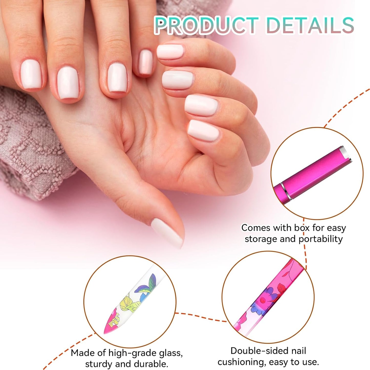 5 Pack Glass Nail File with Case Crystal Nail File Buffers Mixed Color Double Sided Glass Fingernail Files Cuticle Pusher Manicure Set for Women