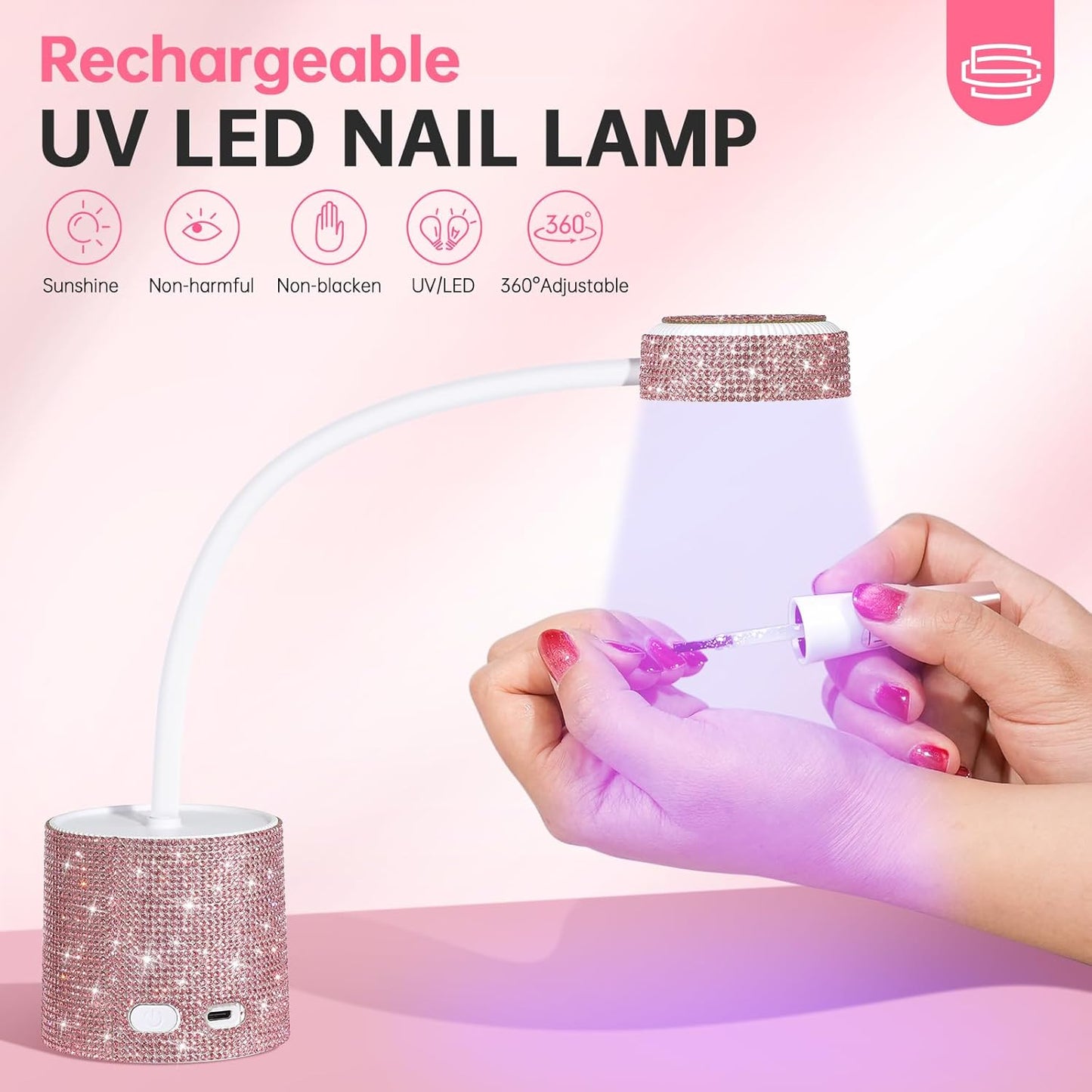 UV LED Nail Lamp, Mini UV Light for Gel Nails Polish, Rechargeable LED Flash Cure Nail Dryer, Quick Drying Goosenecks UV Nail Lamp for Home Nail Salon DIY Manicure, Pink Diamond