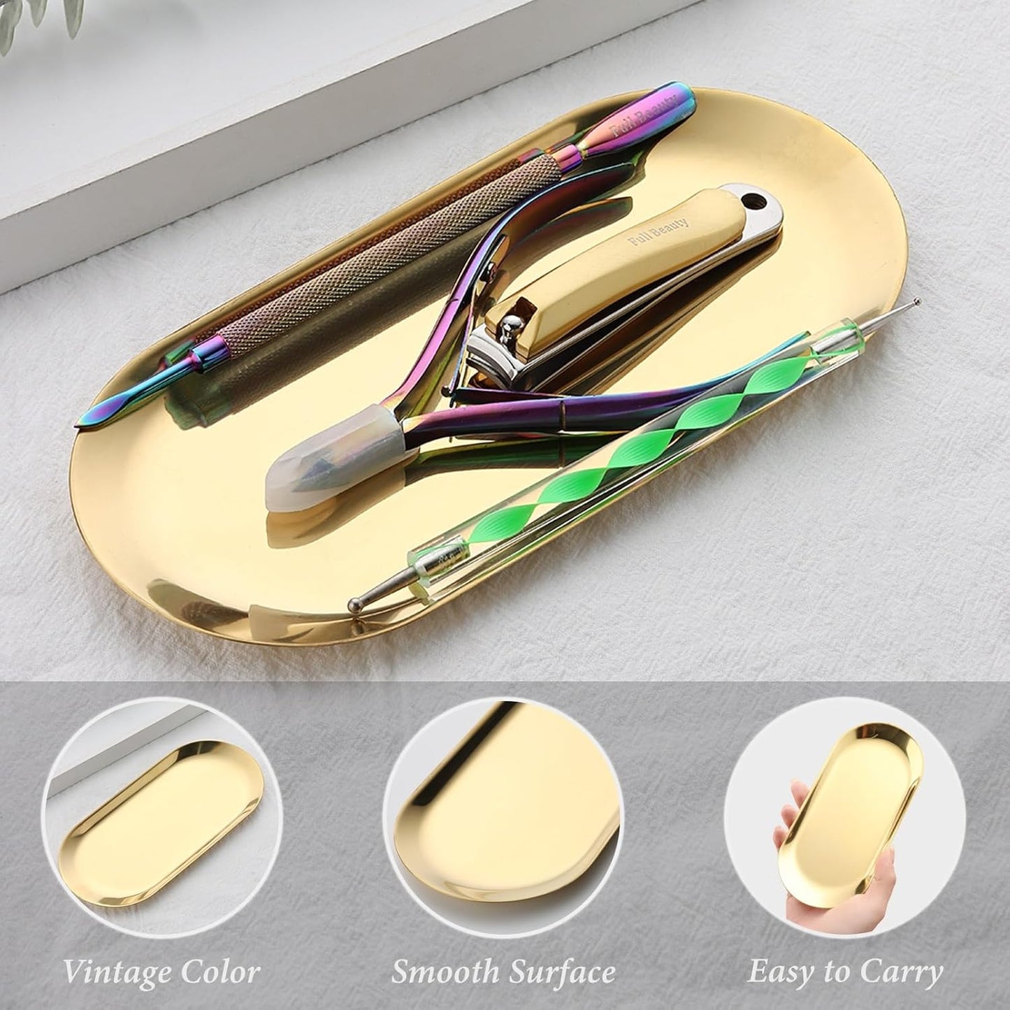 2 Pack Stainless Steel Gold Decorative Tray, Small Oval Perfume Jewelry Trinket Dish, Candle Key Manicure Tools Metal Placing Plate, Bathroom Vanity Trays for Dresser Counter