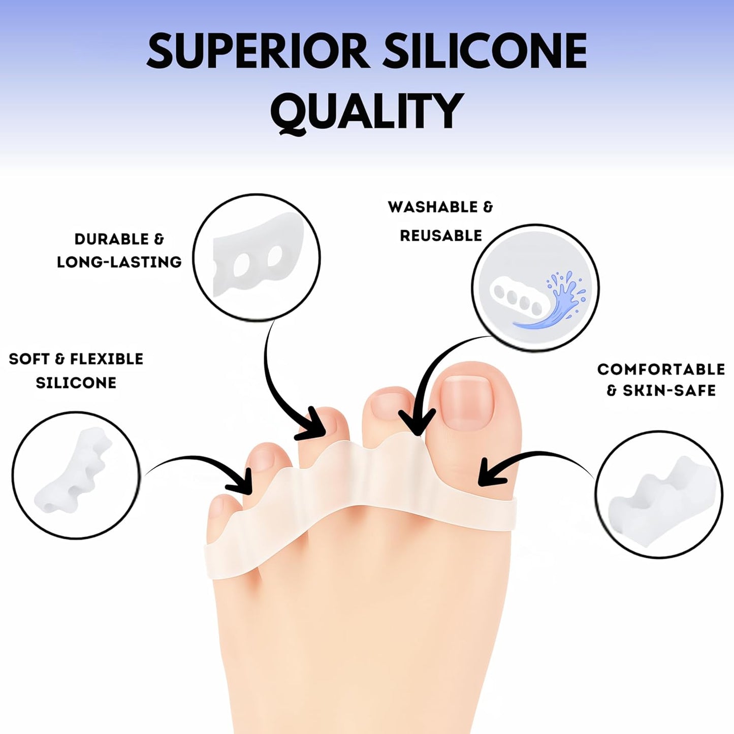 ZB.ONE Toe Separators/Toe Spacers for Women & Men, Stretchy & Flexible Toe Separator for Pedicure and Comfort, Silicon Toe Separator for Bunion Relief, Toe Spacers for Athletic Mobility, White 2 Pairs