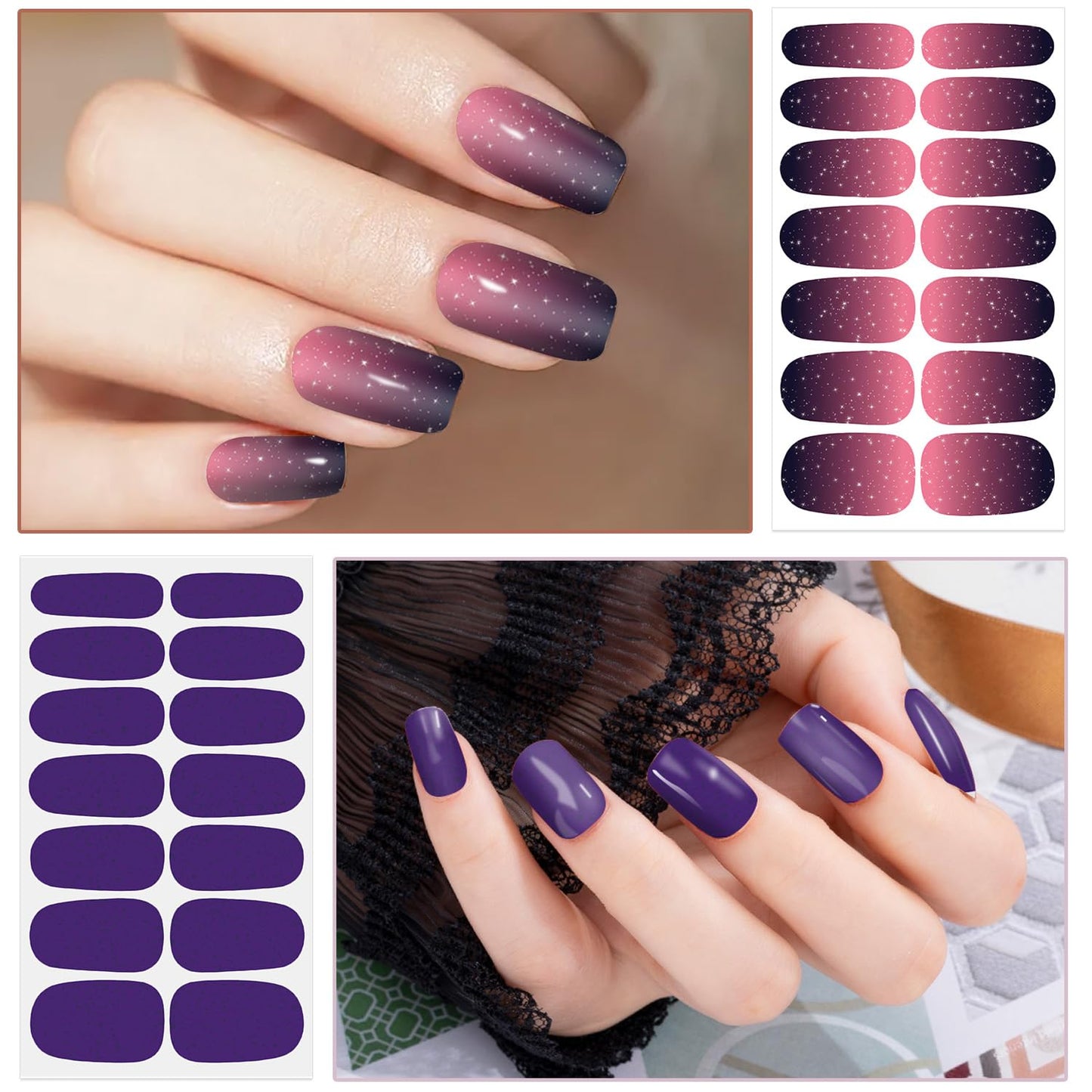 WOKOTO 20 Sheets Dark Color Nail Polish Strips for Women Girls Solid and Gradient Designs Nail Polish Stickers with Nail File Kit Black Blue Purple Stick On Nails Stickers Full Nail Wraps Strips