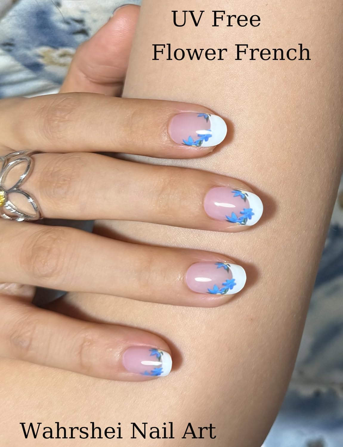Gel Nail Strips No UV, Flower French, UV Free, Long Lasting Gel Stickers - Contains 22 Wraps, 1 Prep Pad, 1 File