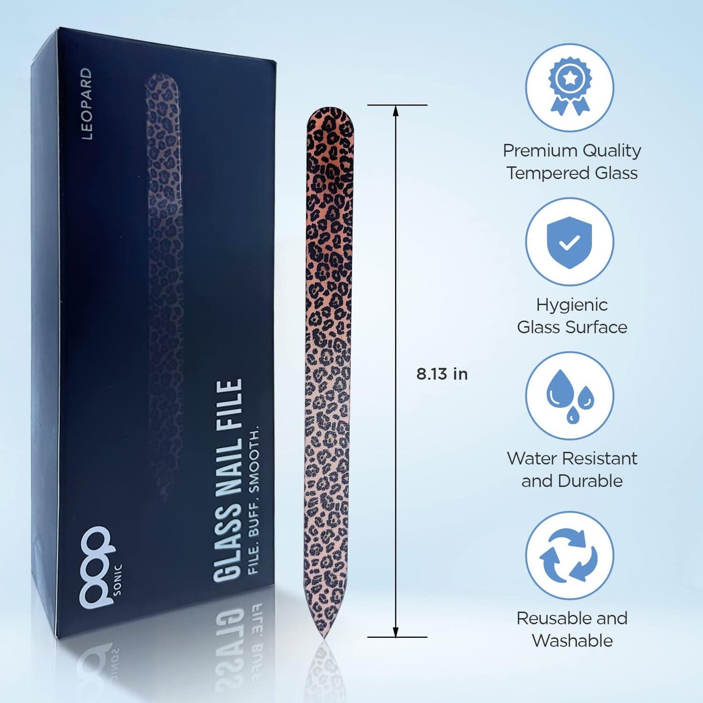Pop Sonic Double-Sided Glass Nail File | Fingernail Files for Shaping & Smoothing Nails | High-Quality Tempered Glass | Strong, Wear-Resistant Filer w/Protective Carrying Case (Leopard)