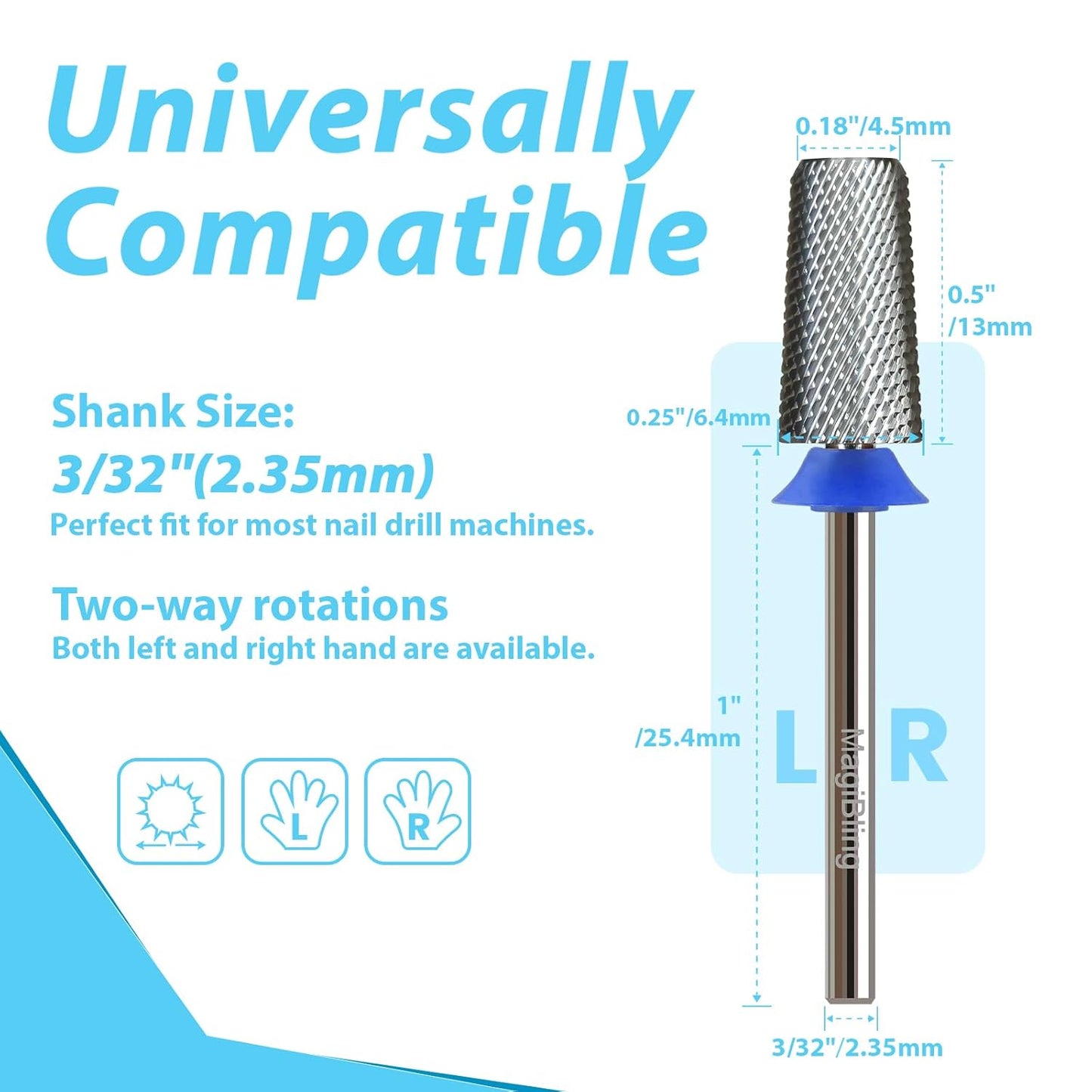 Professional Nail Drill Bits, Tungsten Carbide Cross Cut Tapered Barrel 3/32'' Safety Bits, Left and Right Hand Use, Remove Gel Fast, Manicure Pedicure Cuticle Gel Polishing, Medium.