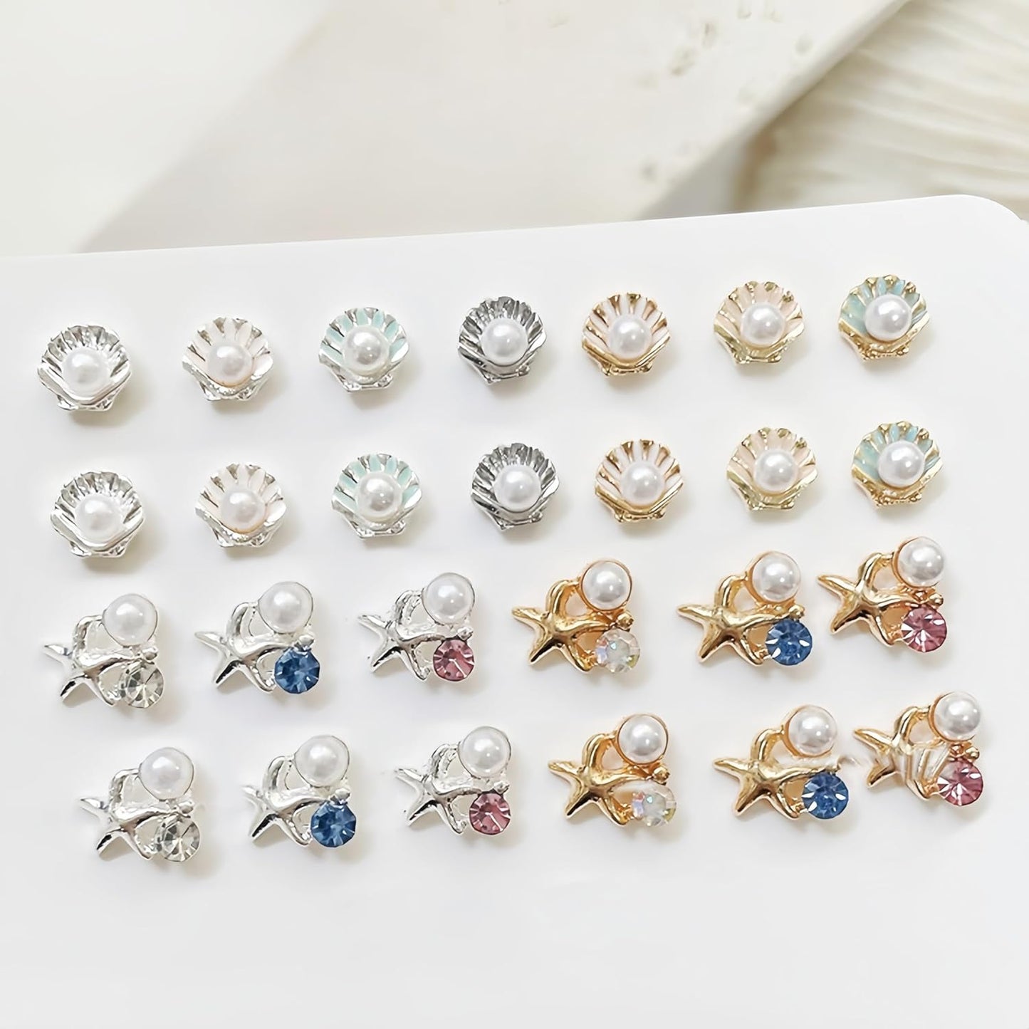 24Pcs Summer Nail Charms 3D Metal Nail Art Studs Seashell Starfish Theme Ocean Nail Rhinestones Sea Shell Nail Gems Pearl Colorful Crystal Design Nails Supplies Summer Beach DIY Crafts Manicure Decor