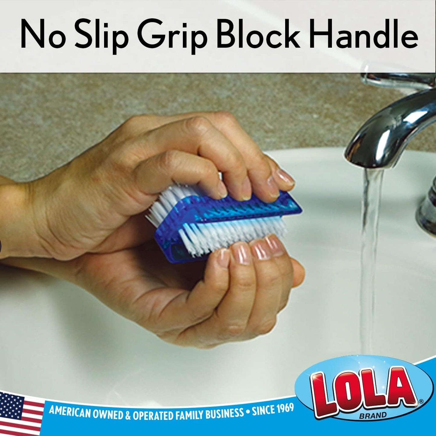 LOLA Classic Hand & Nail Brush, 2 Sided - 3 Pack, Soft & Stiff, Comfortable No-Slip Grip, Cleans Hands & Fingernails, Assorted Colors